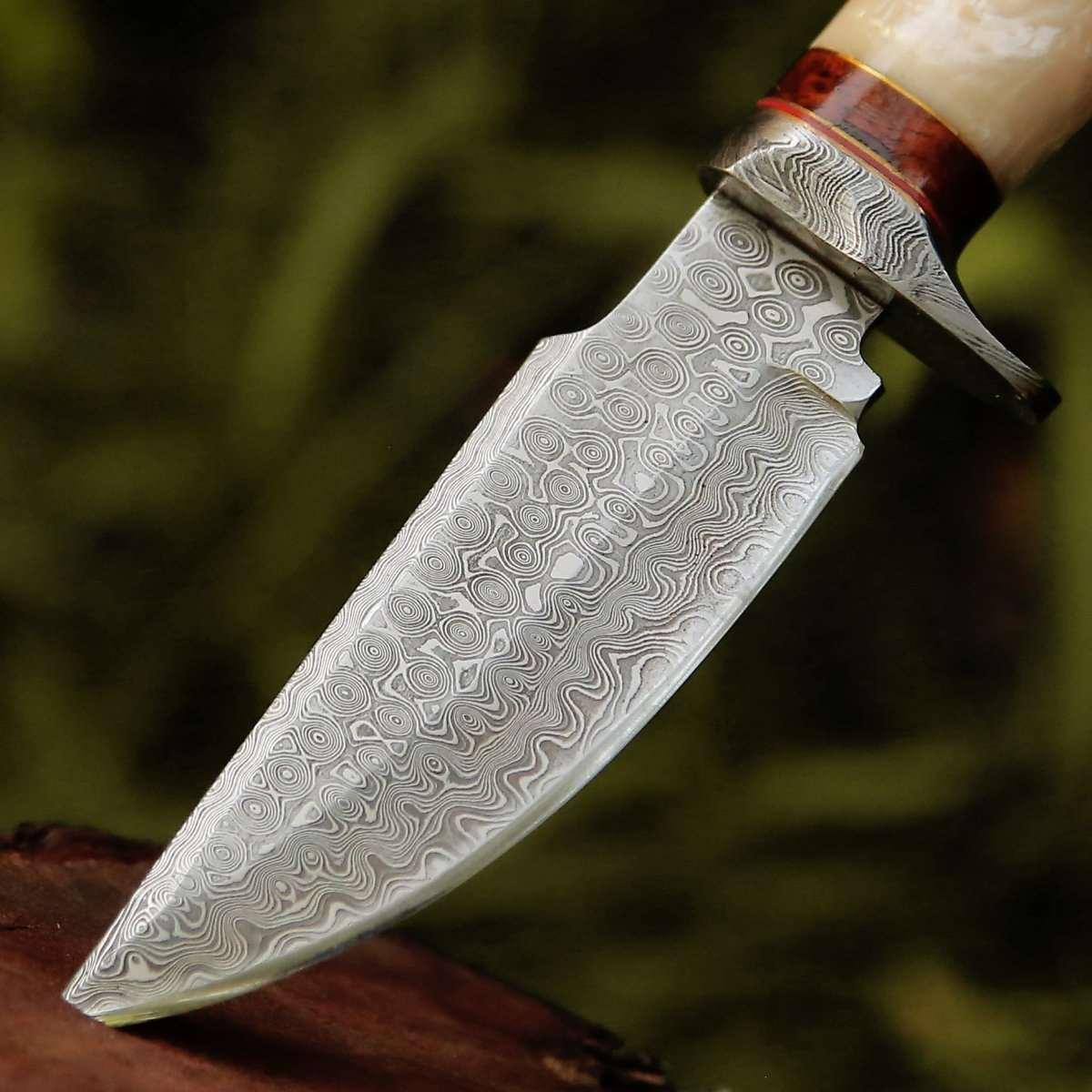 Elite Damascus Hunting Knife with Pearl & Rosewood Handle - Image 6