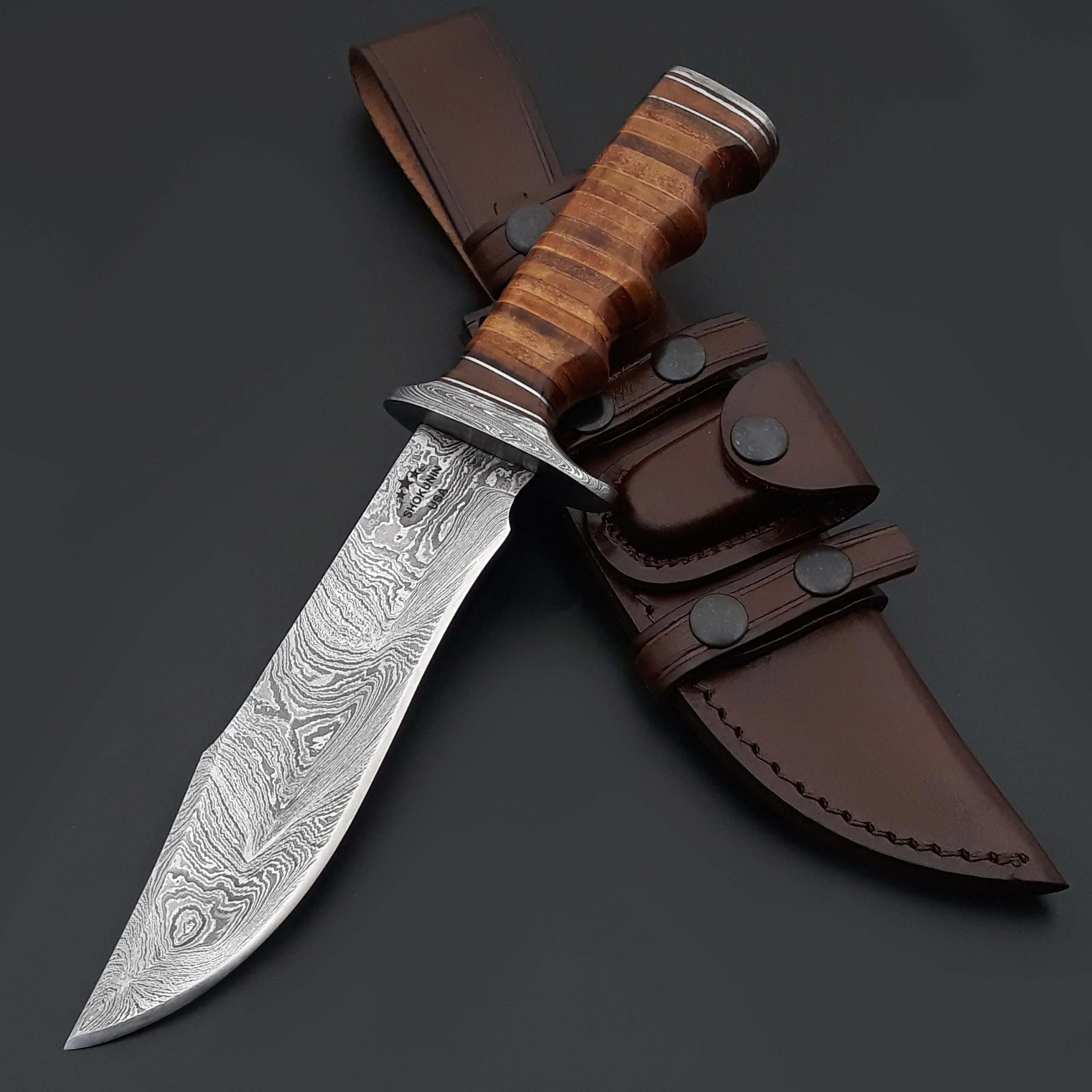 Brute Damascus Steel Bowie Knife with Stacked Leather Handle - Image 2