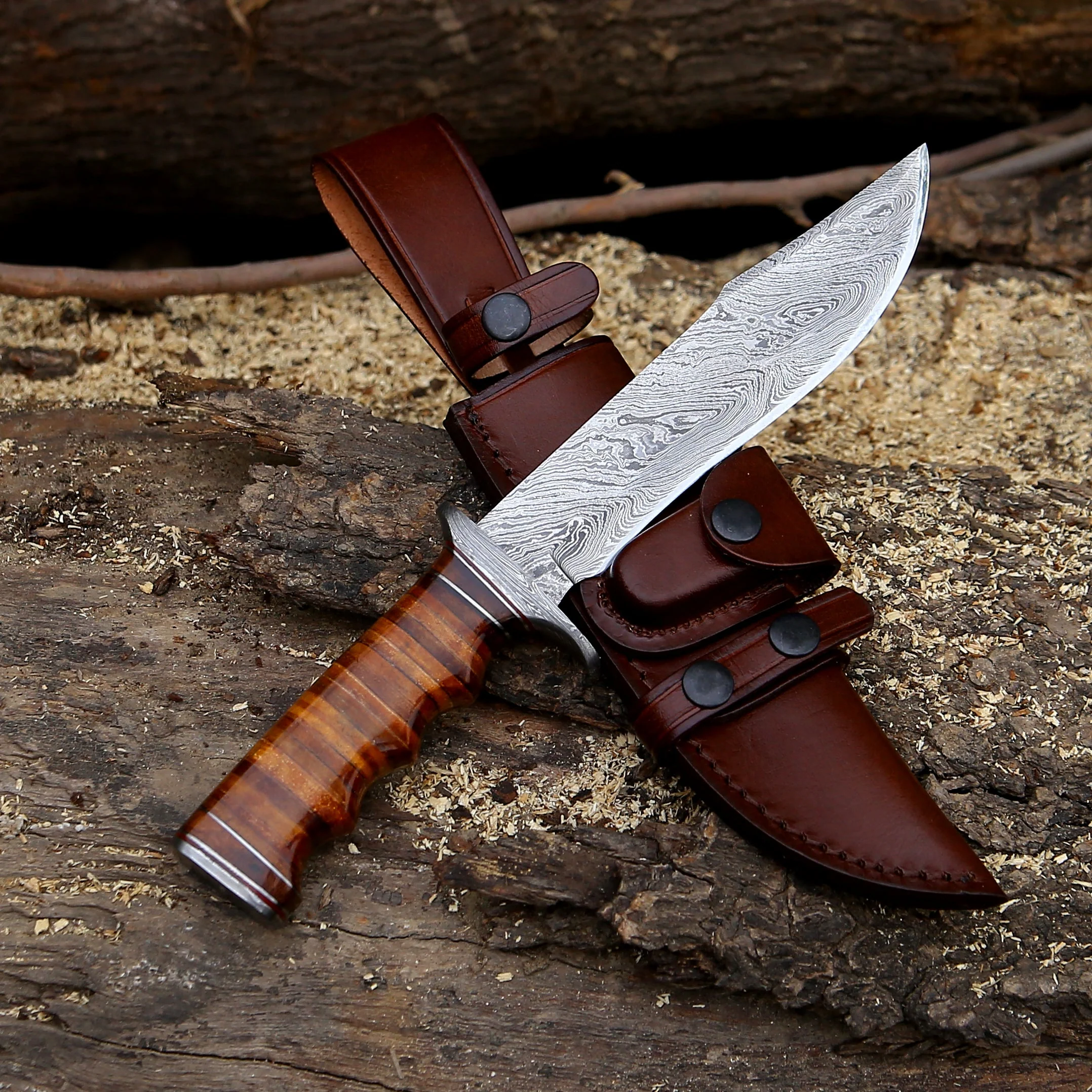 Brute Damascus Steel Bowie Knife with Stacked Leather Handle - Image 3