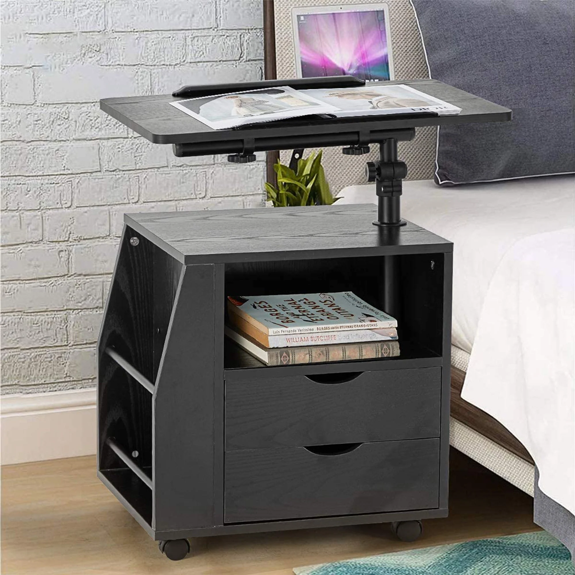 EROMMY Swivel Top Adjustable Height Bedside End Table w/Storage Drawers, Black - Image 6