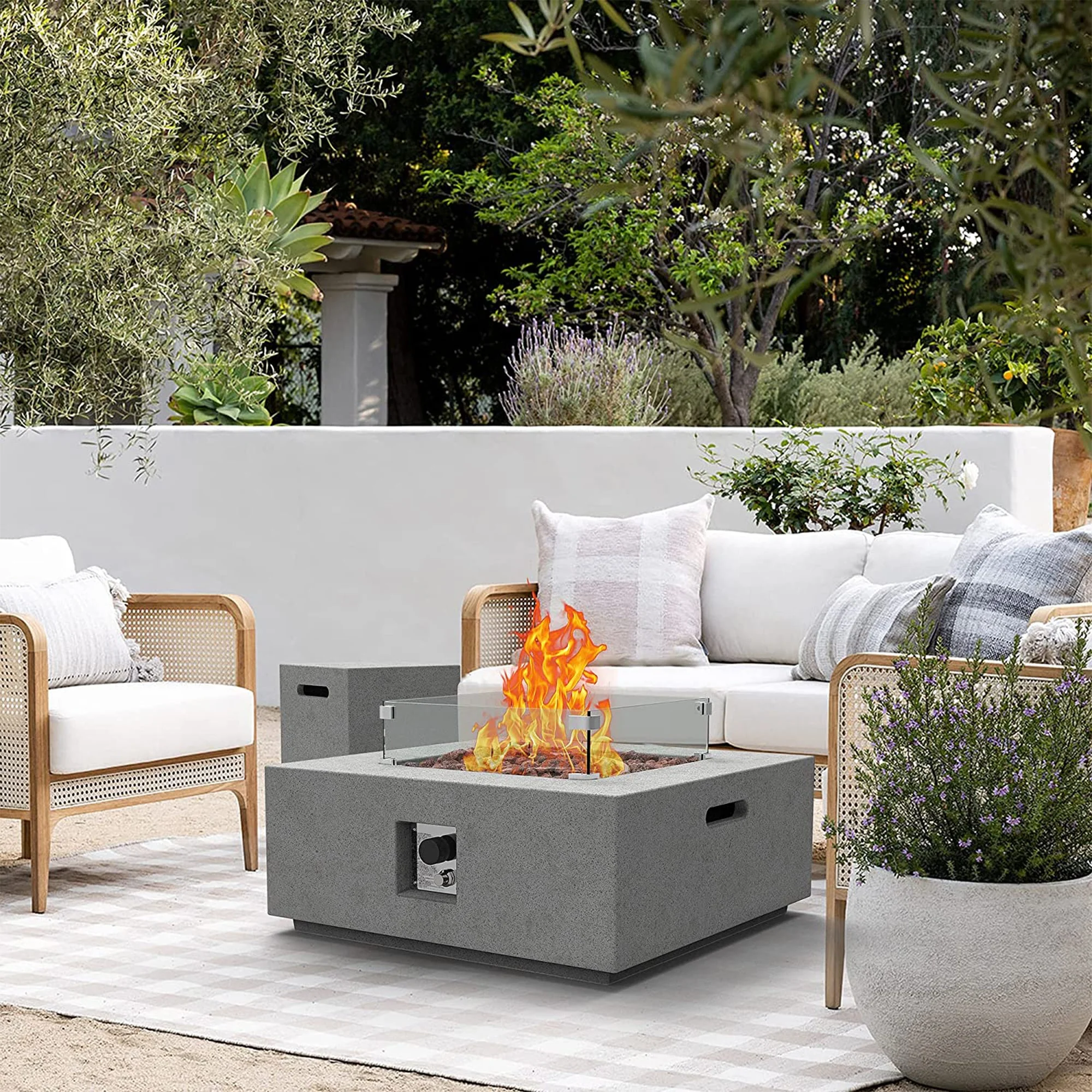 ESSENTIAL LOUNGER 35" Square Concrete Outdoor 50,000 BTU Firepit Table Set, Gray - Image 8