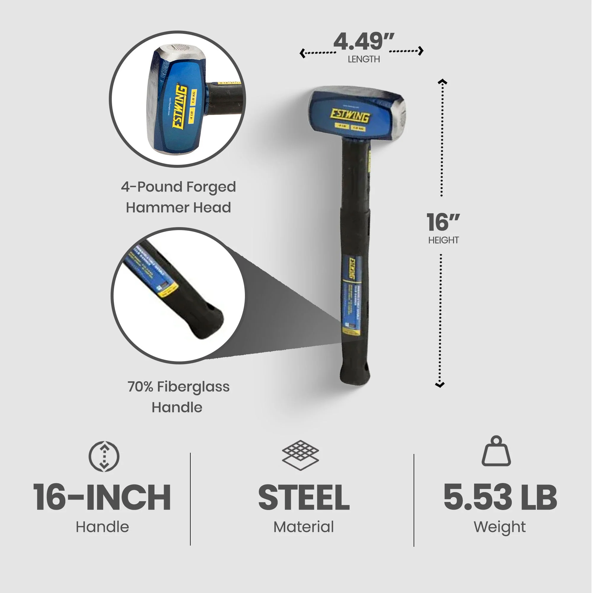 Estwing 4 Pound Head Hard Face Sledge Hammer with 16 Inch Fiberglass Handle - Image 3