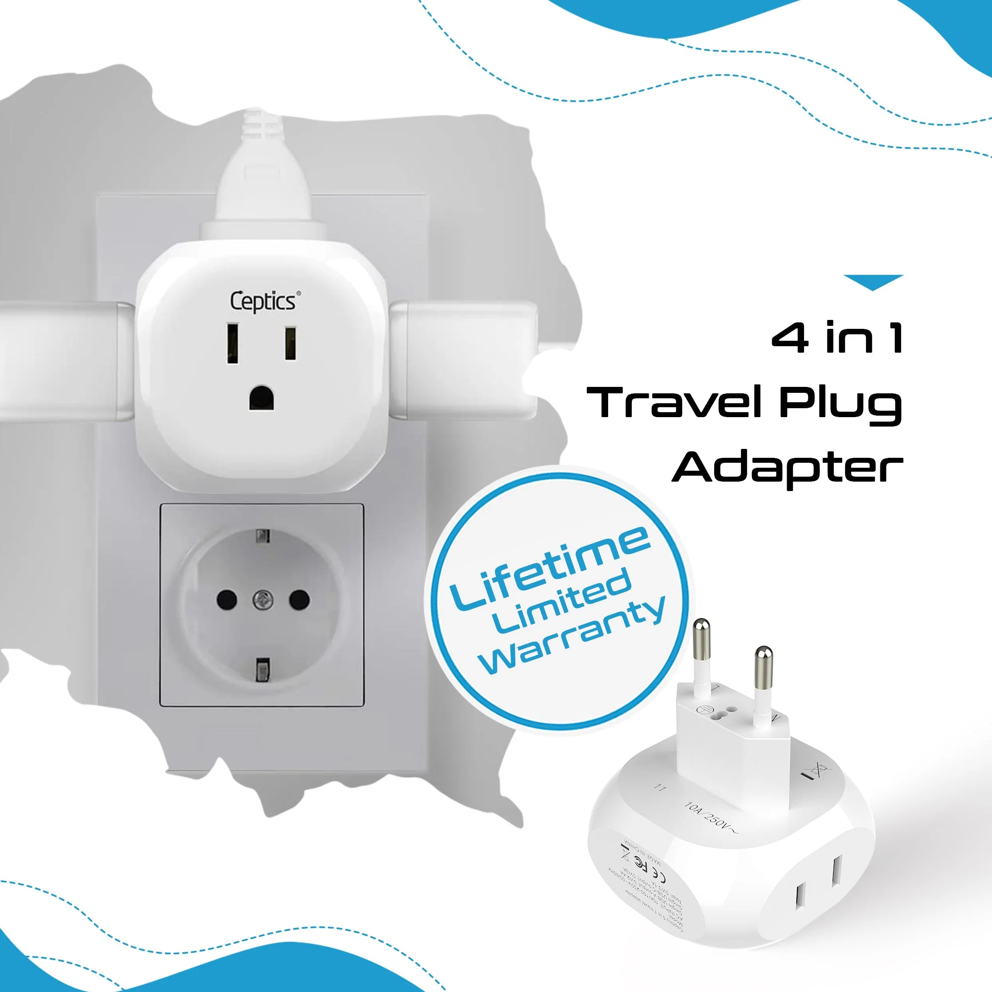European Travel Plug Adapter - 4 in 1 - Ultra Compact - Light Weight (PT-9C) - Image 6