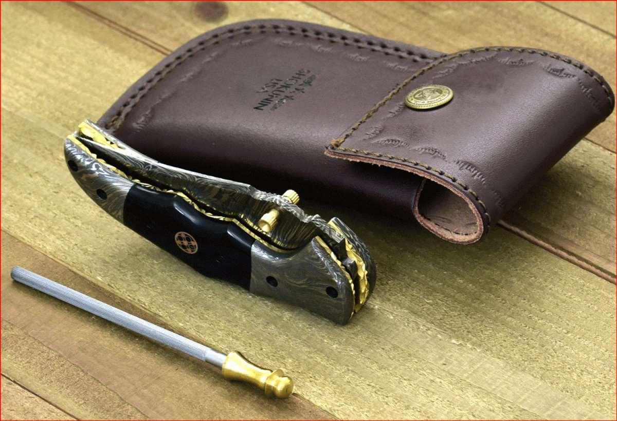 Exodus Gentleman's Knife with Sheath & Bull Horn Handle and Knife Sharpener - Image 2