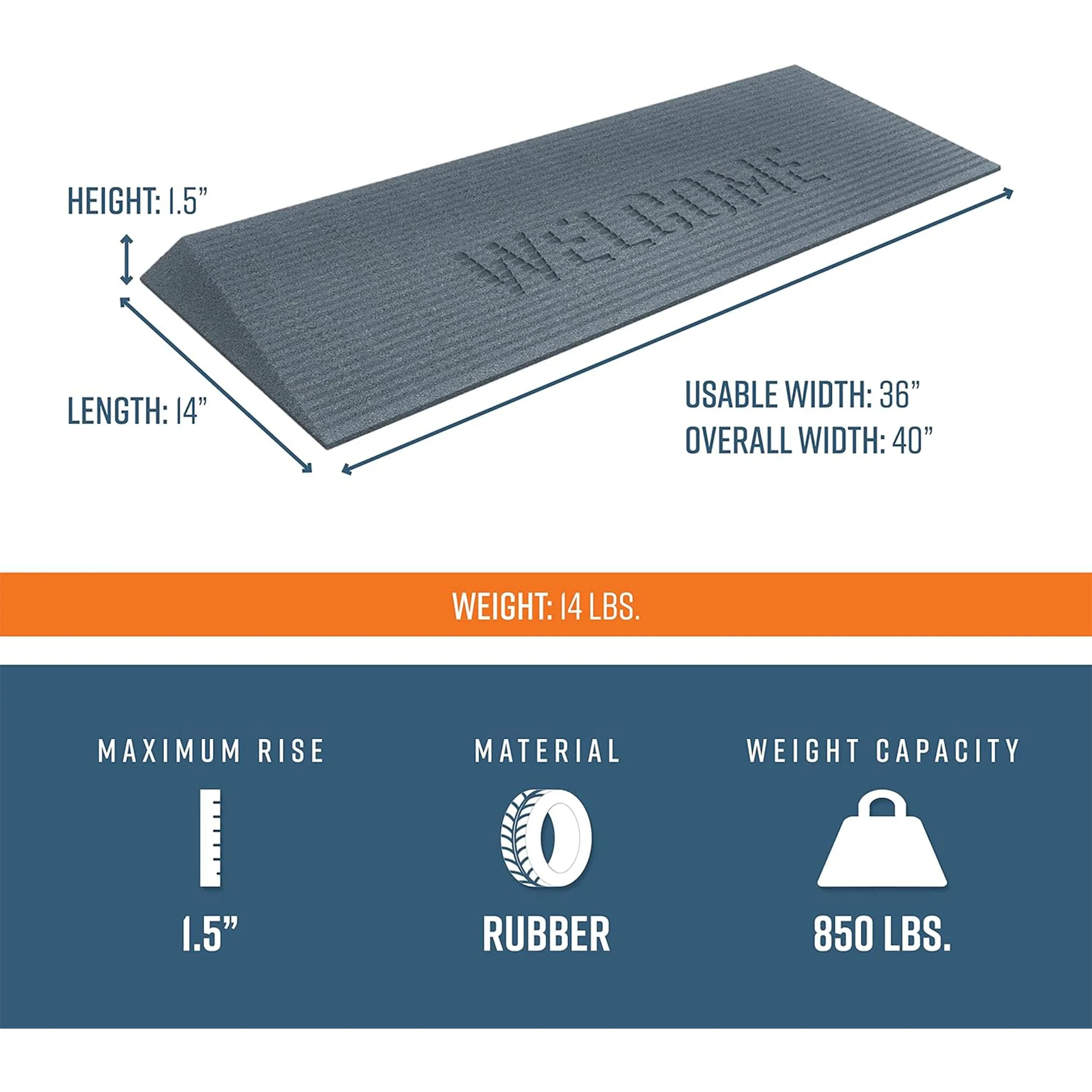EZ-ACCESS TRANSITIONS 1.5" Rectangular Rubber Angled Welcome Entry Mat, Gray - Image 2