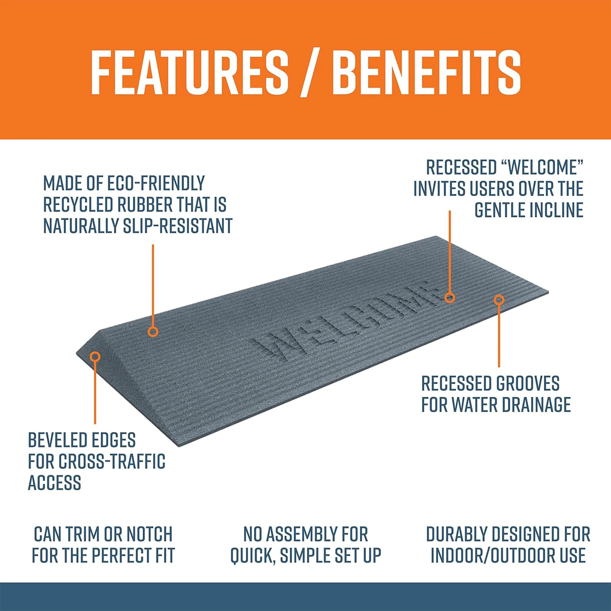 EZ-ACCESS TRANSITIONS 1.5" Rectangular Rubber Angled Welcome Entry Mat, Gray - Image 3