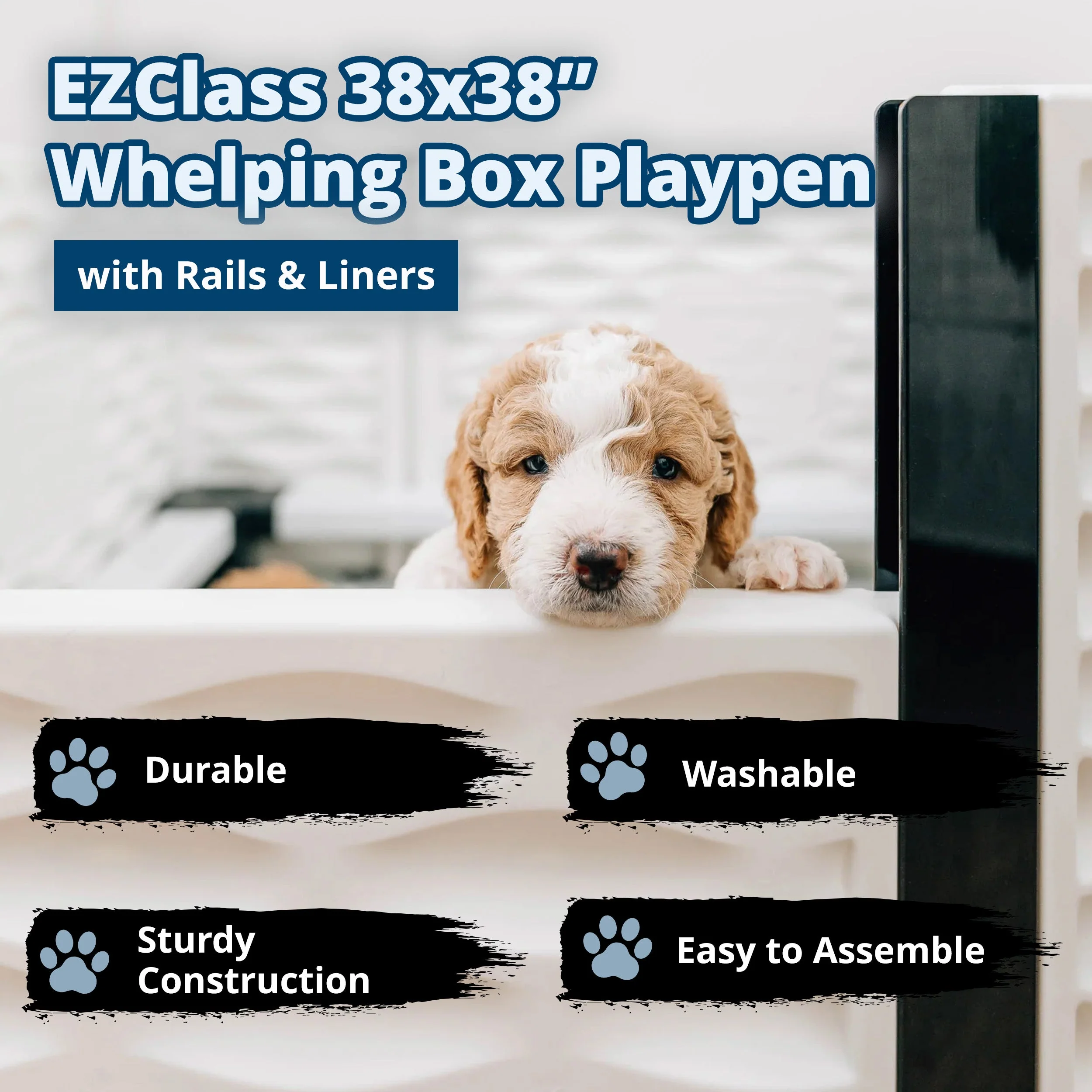 EZwhelp EZclassic 38" x 38" Dog Whelping Box Tall Playpen w/Rails & Liner, Gray - Image 2