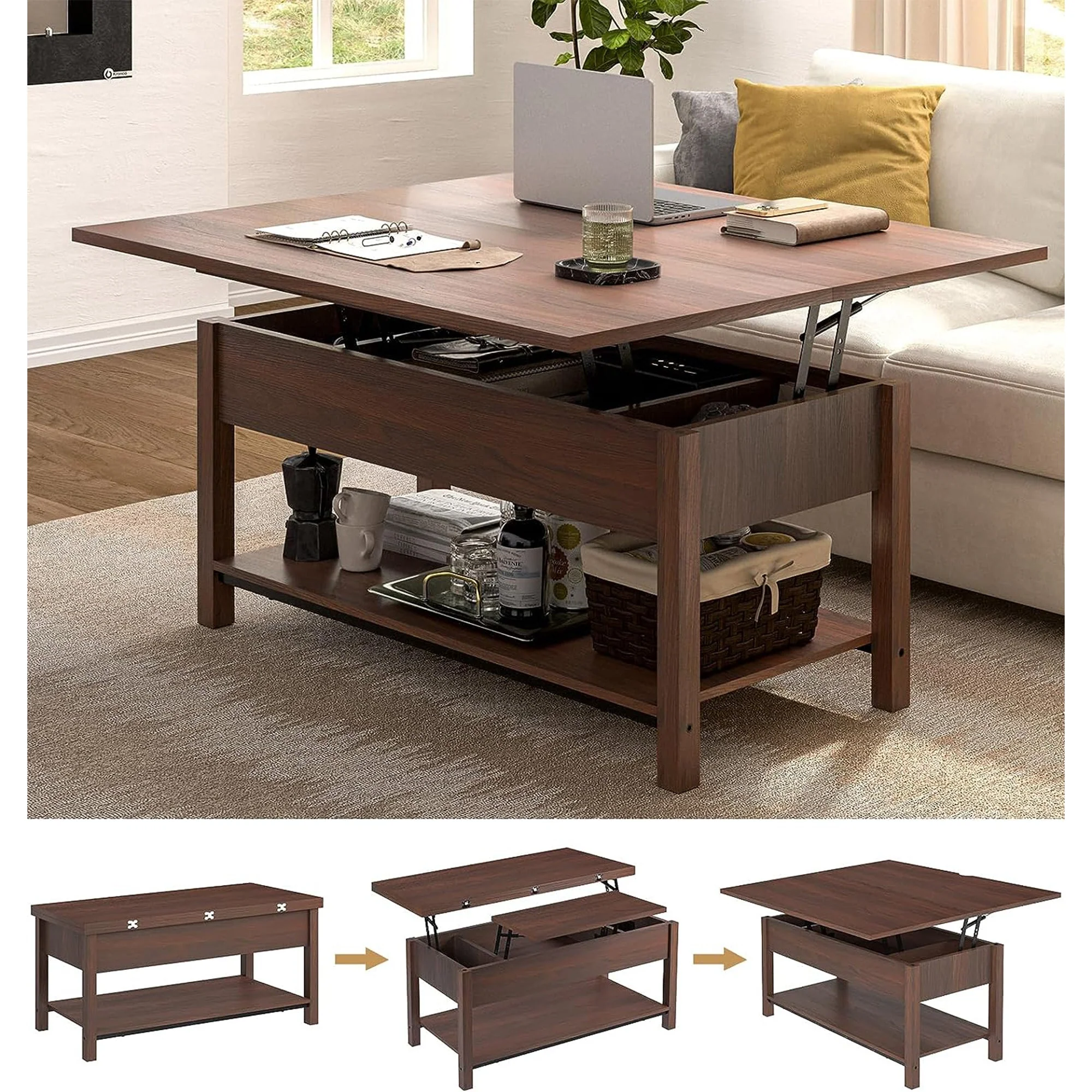 FABATO 4 in 1 Multi-Function Convertible Coffee Table with Storage, Espresso - Image 5