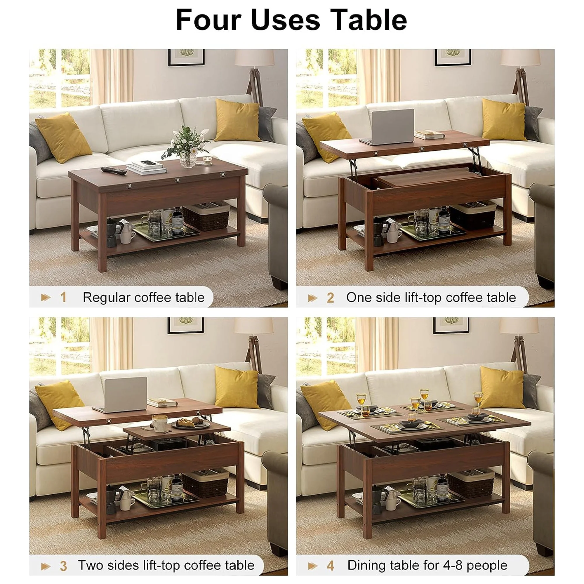 FABATO 4 in 1 Multi-Function Convertible Coffee Table with Storage, Espresso - Image 7