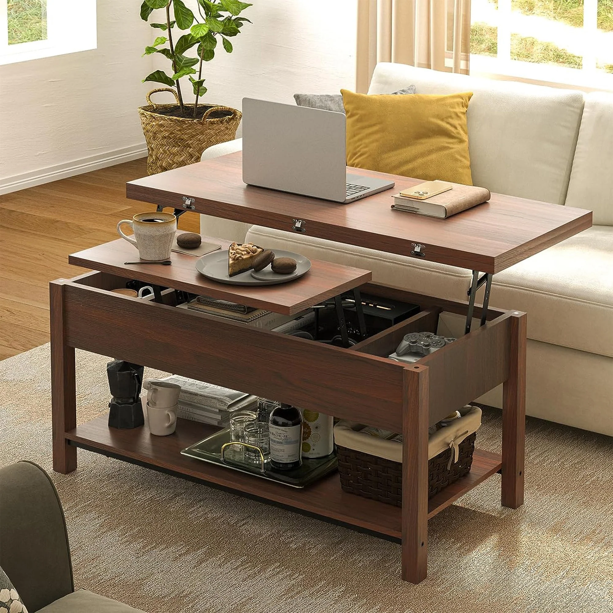 FABATO 4 in 1 Multi-Function Convertible Coffee Table with Storage, Espresso - Image 9