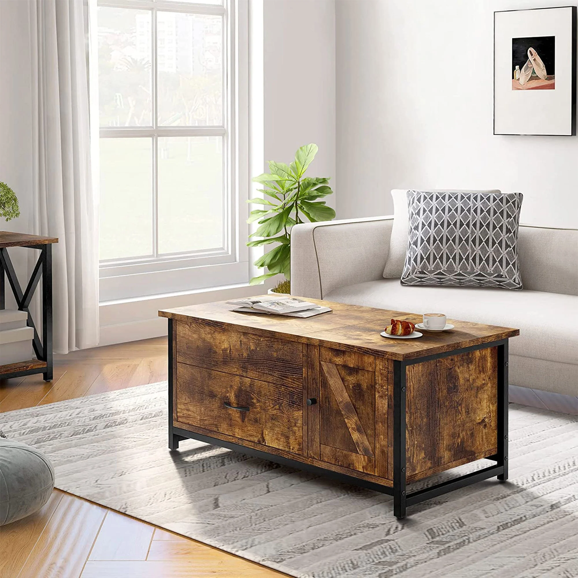FABATO 41.7 Inch Lift Top Rustic Open Storage Coffee Table with Drawers, Brown - Image 7