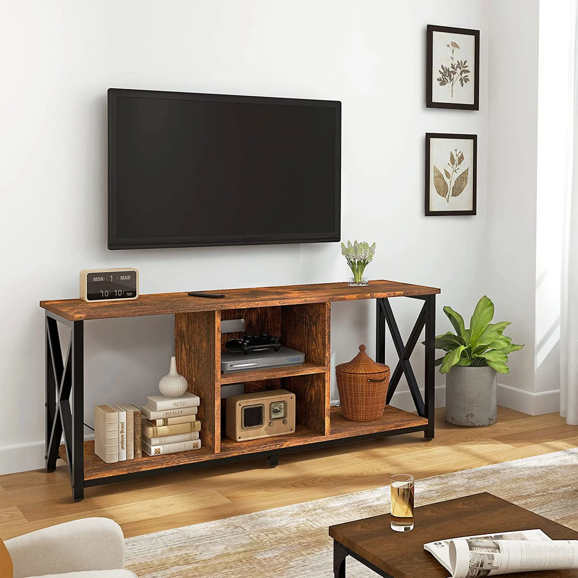 Fabato Wood 65 Inch TV Stand & Entertainment Center w/ 4 Socket Plug-In Station - Image 8