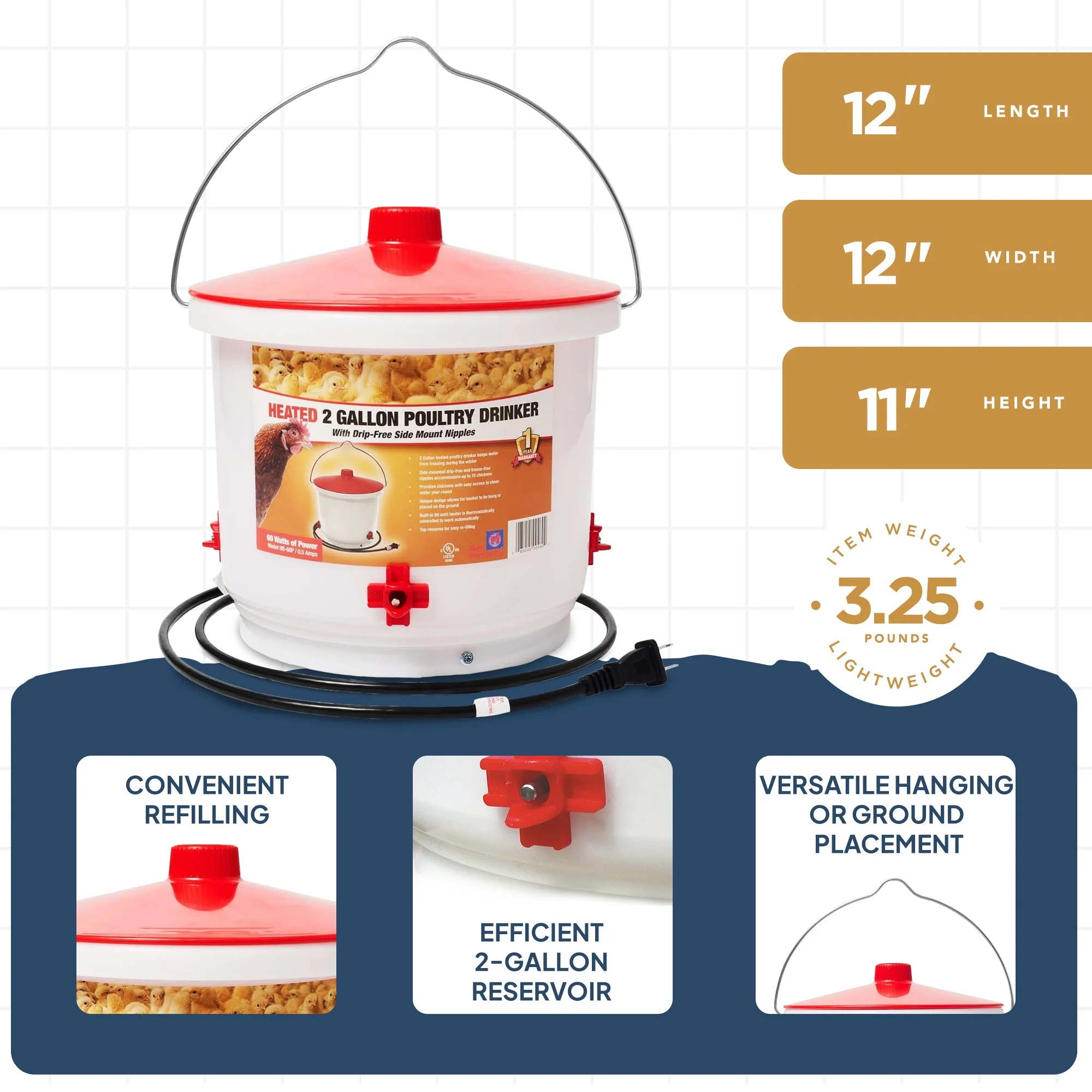 Farm Innovators Heated 2 Gallon Poultry Water Bucket Drinker, White/Red (3 Pack) - Image 3
