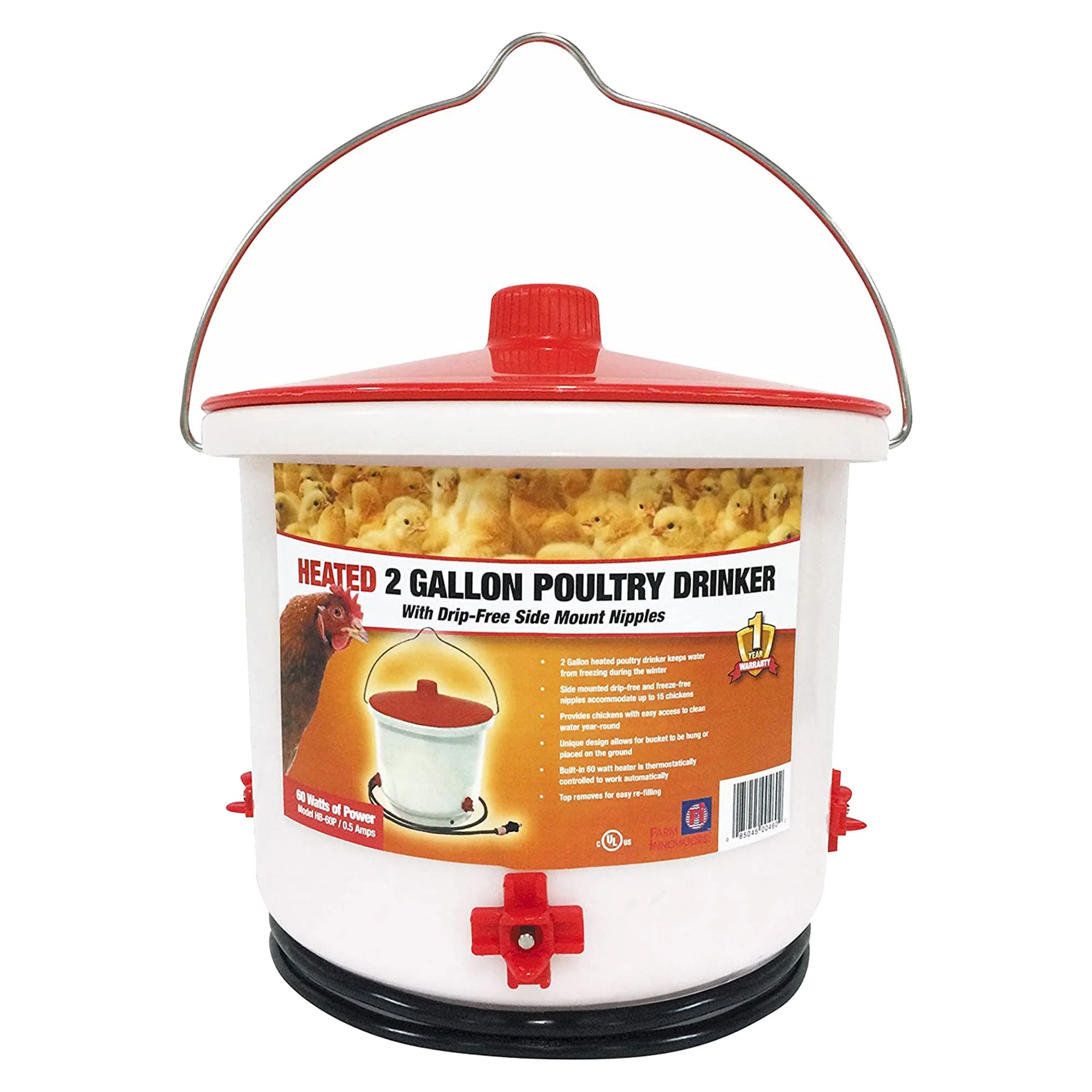 Farm Innovators Heated 2 Gallon Poultry Water Bucket Drinker, White/Red (3 Pack) - Image 4