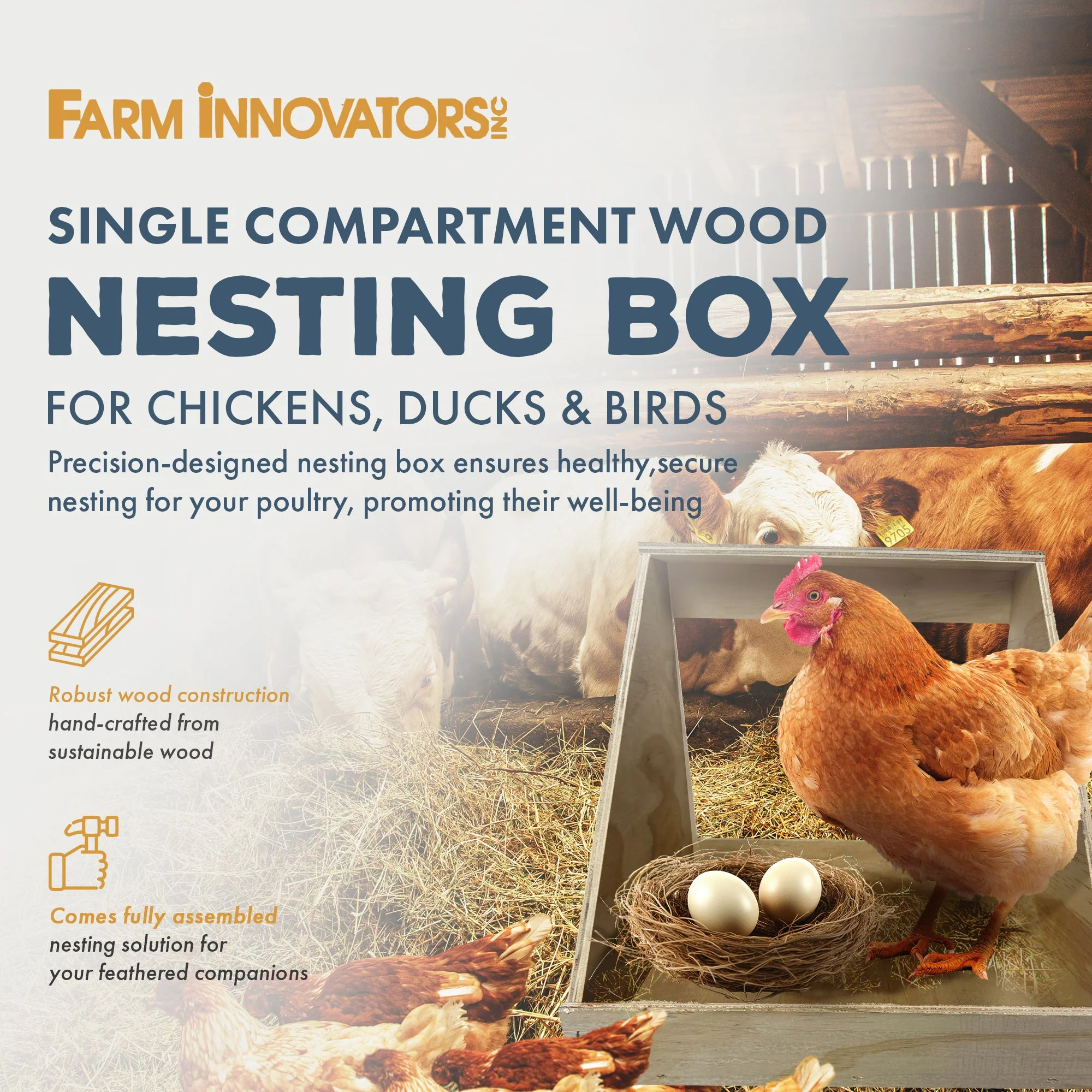 Farm Innovators Single Compartment Wood Nesting Box for Chickens, Ducks & Birds - Image 2