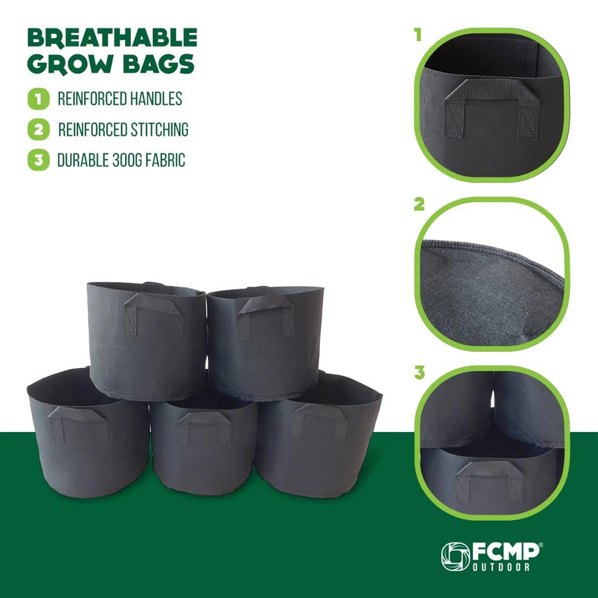 FCMP Outdoor 10 Gallon Modern Non Woven Breathable Grow Bags, Black (5 Pack) - Image 5