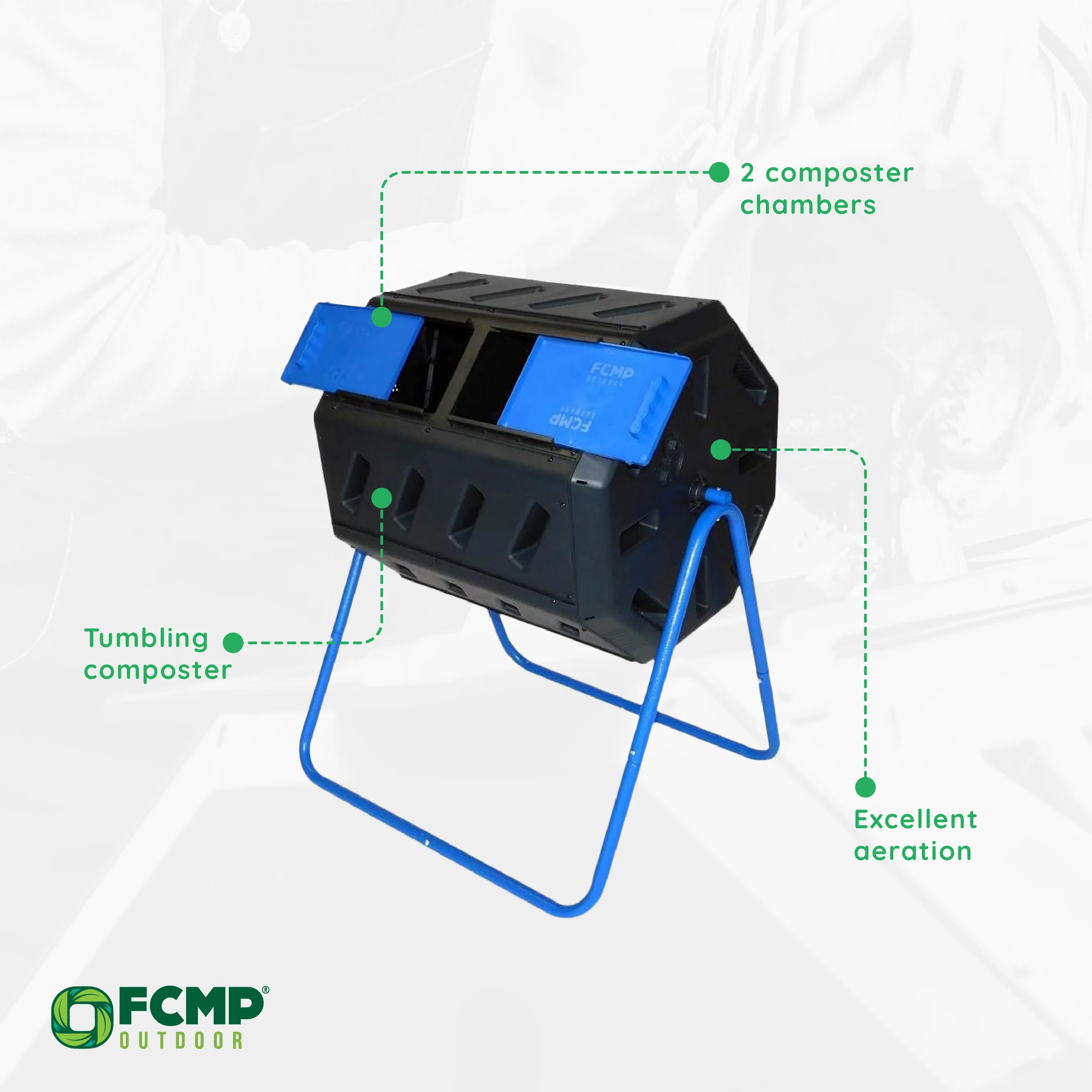 FCMP Outdoor 37 Gallon Dual Chamber Tumbling Composter Bin with 2 Doors, Blue - Image 3