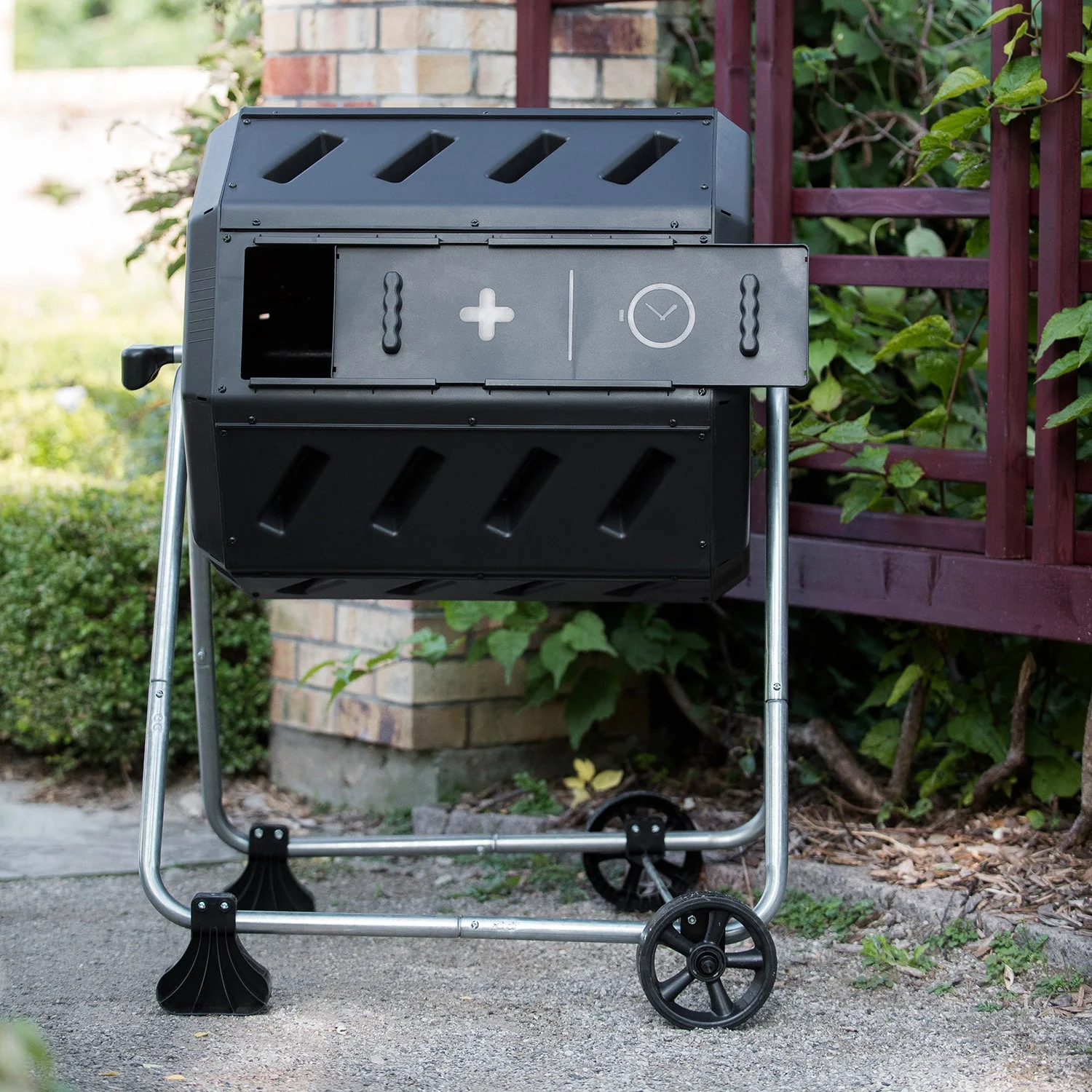FCMP Outdoor 37 Gallon Dual Chamber Tumbling Composter Bin with Wheels, Black - Image 8