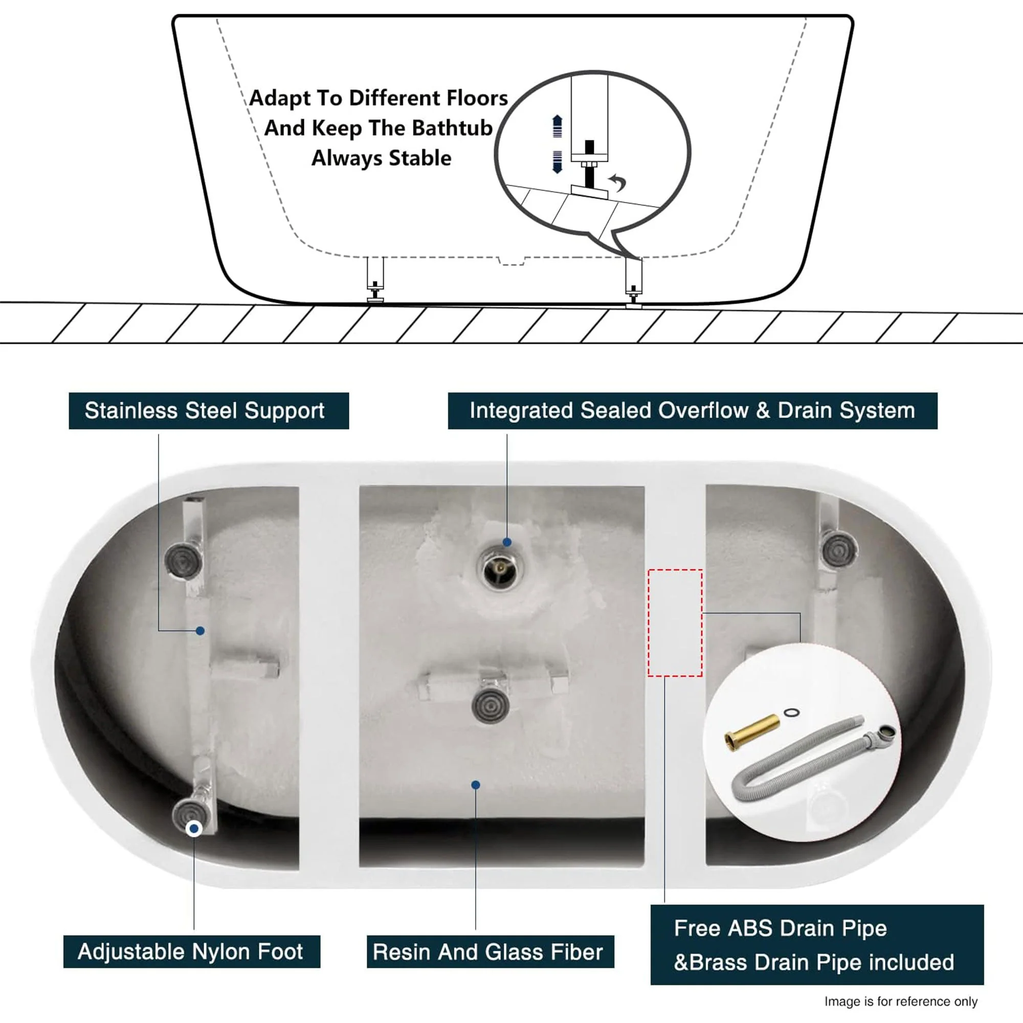 FerdY Bali 67 In Glossy Acrylic Freestanding Bathtub with Polished Chrome Drain - Image 3