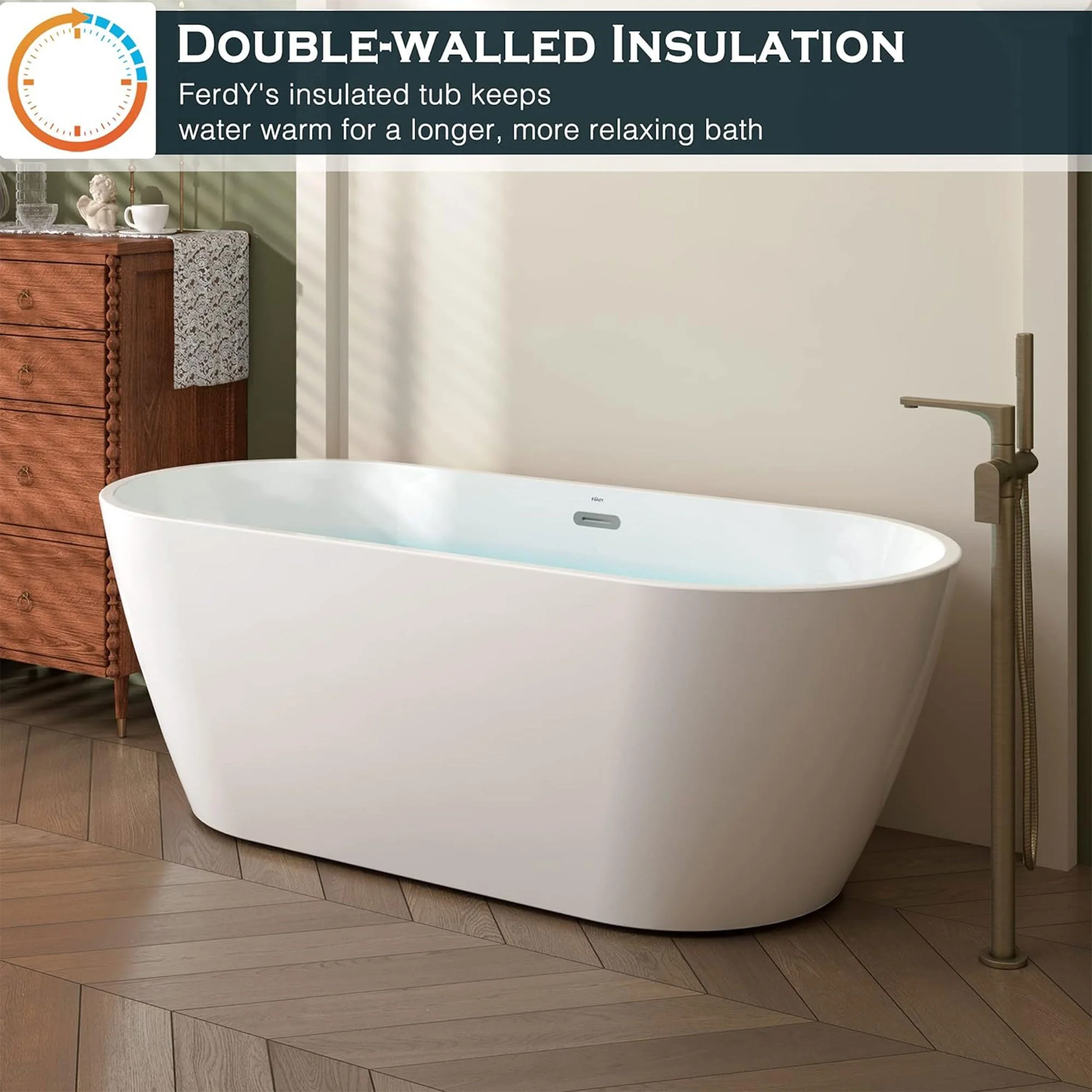 FerdY Bali 67 In Glossy Acrylic Freestanding Bathtub with Polished Chrome Drain - Image 5