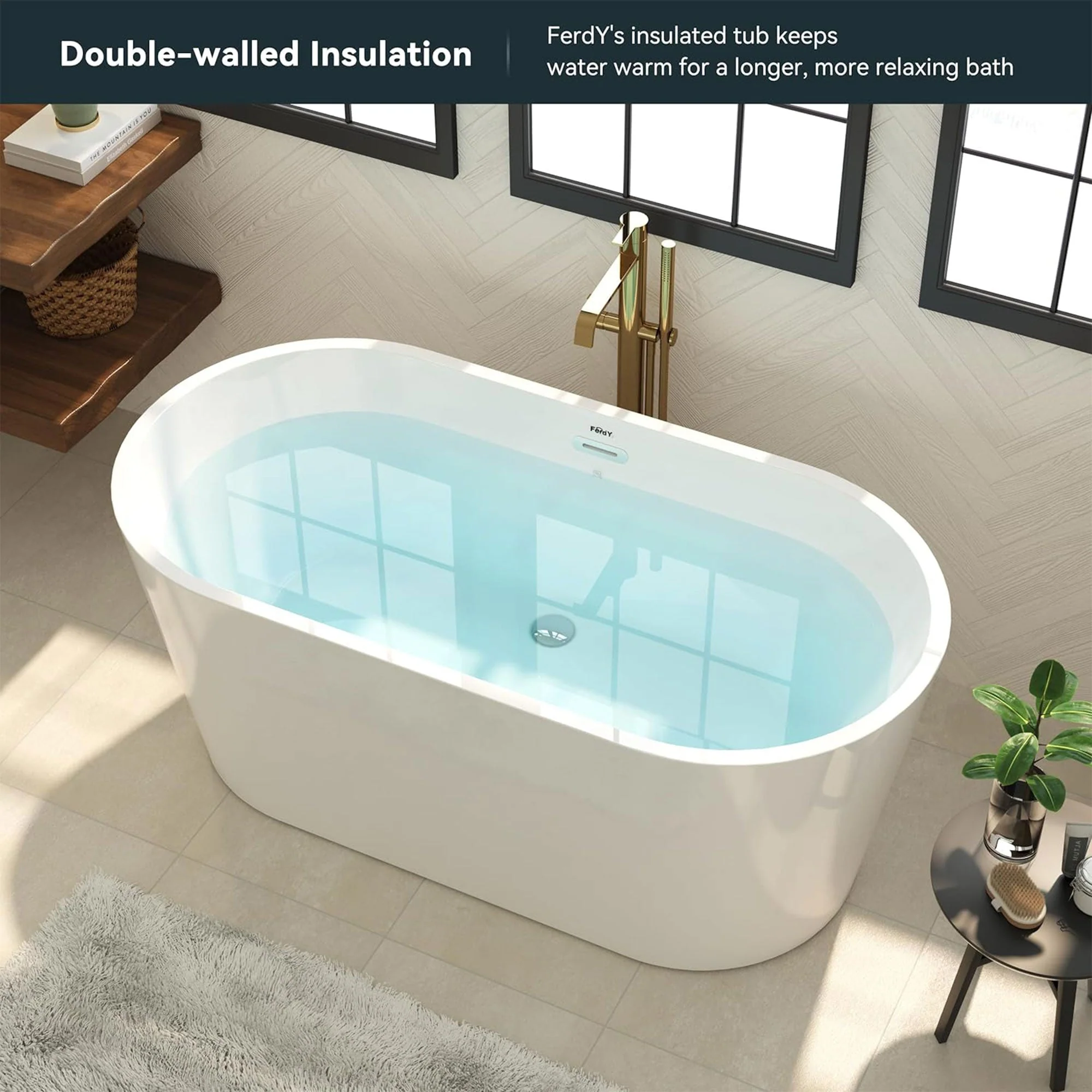 FerdY Shangri La 55 Inch Acrylic Freestanding Bathtub with Polished Chrome Drain - Image 6