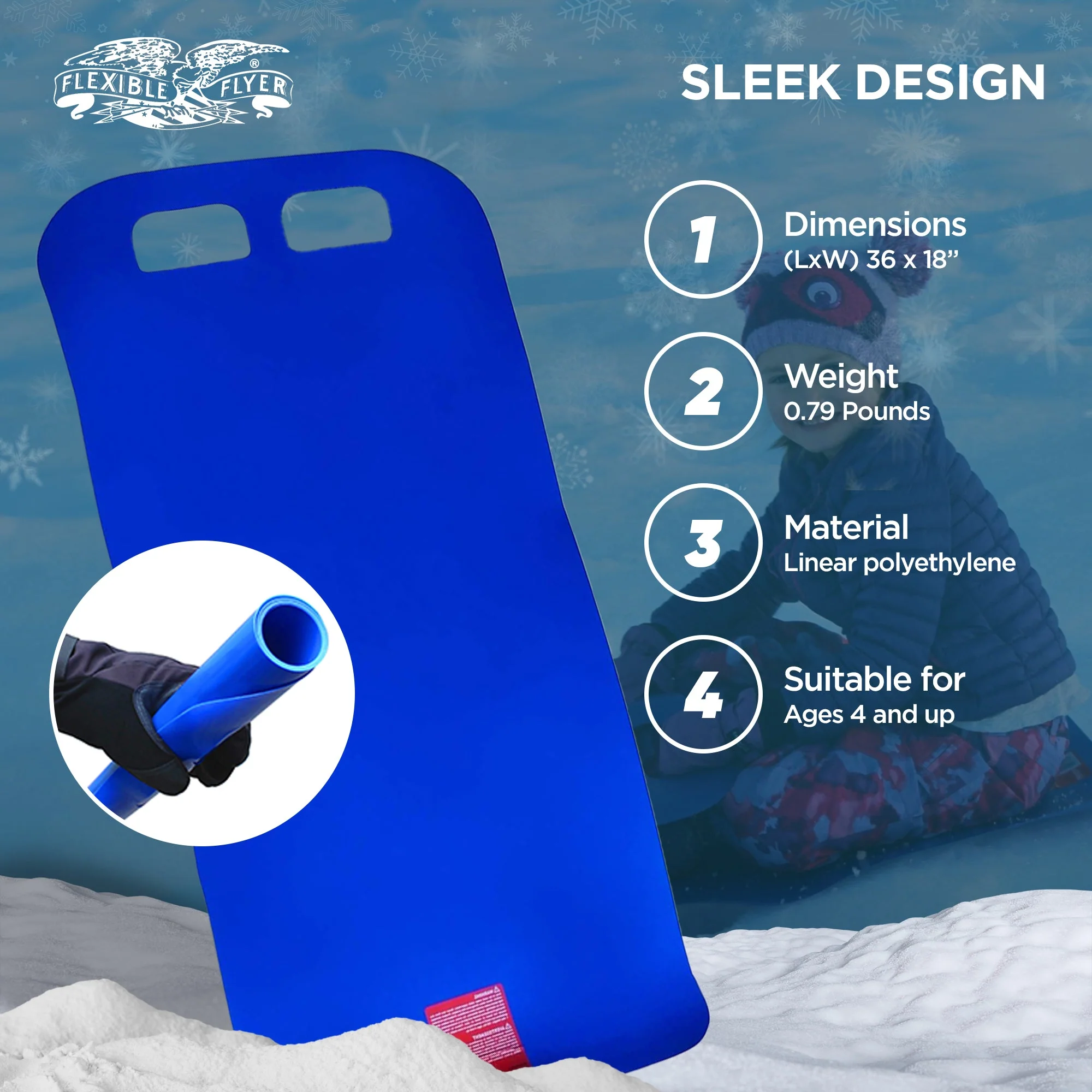Flexible Flyer Flying Carpet Lightweight Roll Up Plastic Winter Snow Sled, Blue - Image 3