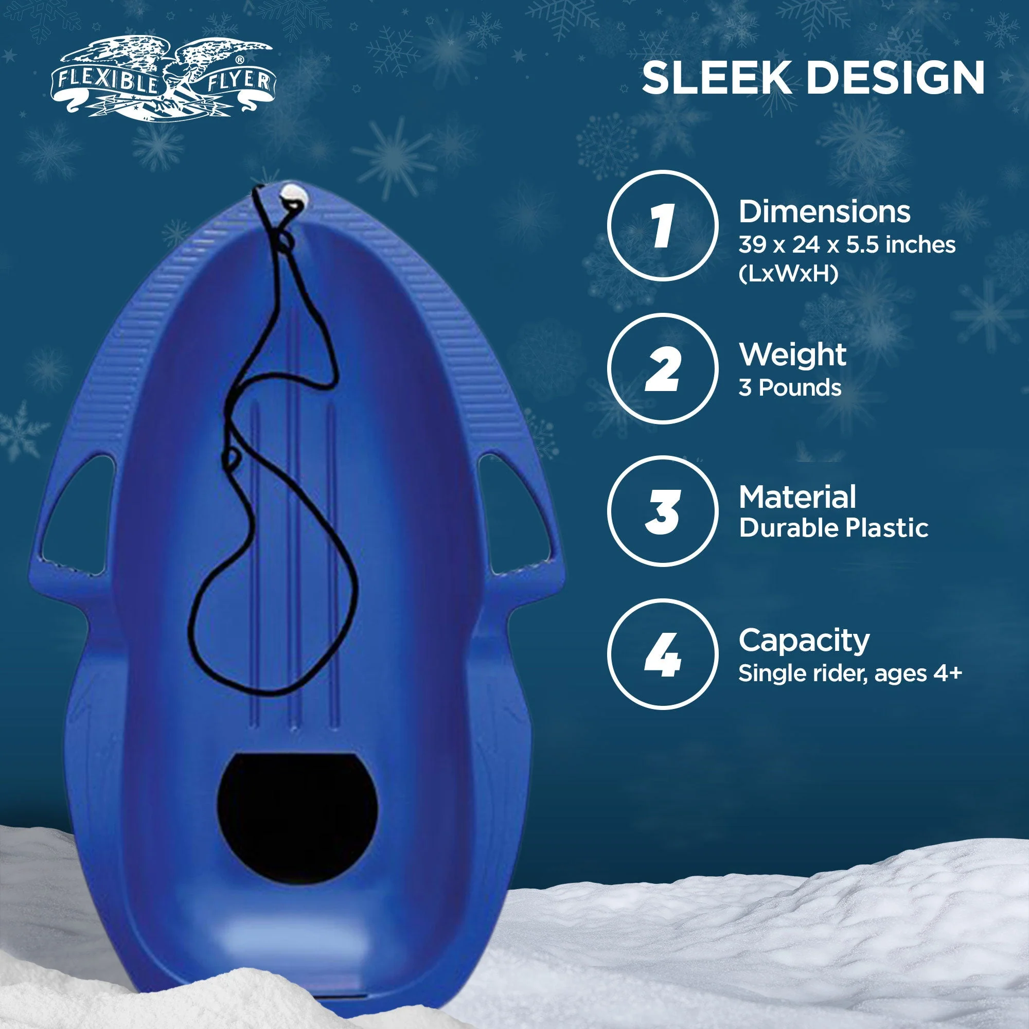 Flexible Flyer Spitfire Sled 1 Person Toboggan with Tow Rope & Seat Pad, Blue - Image 3