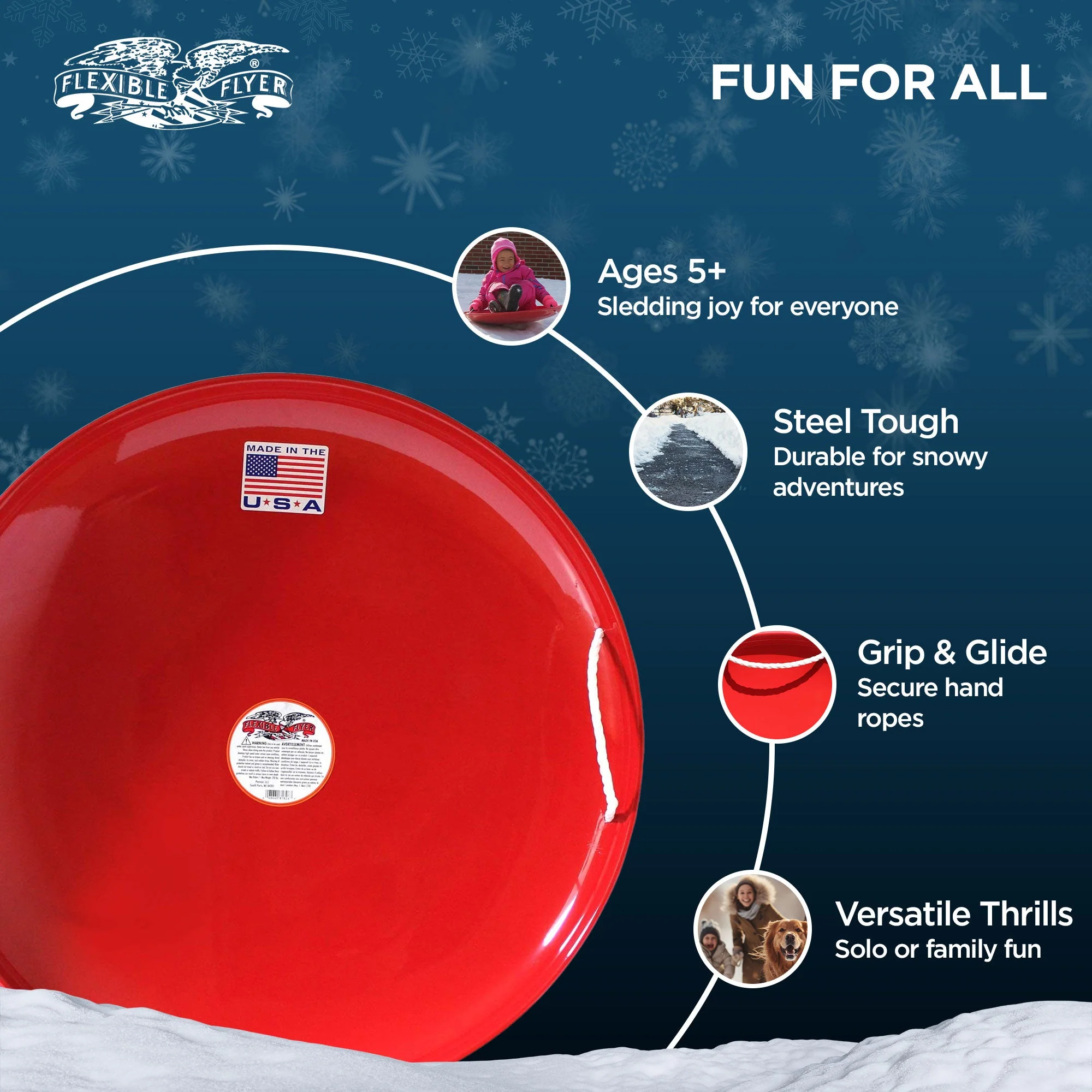 Flexible Flyer Steel Saucer 26" Metal Winter Snow Sled for Kids and Adults, Red - Image 3