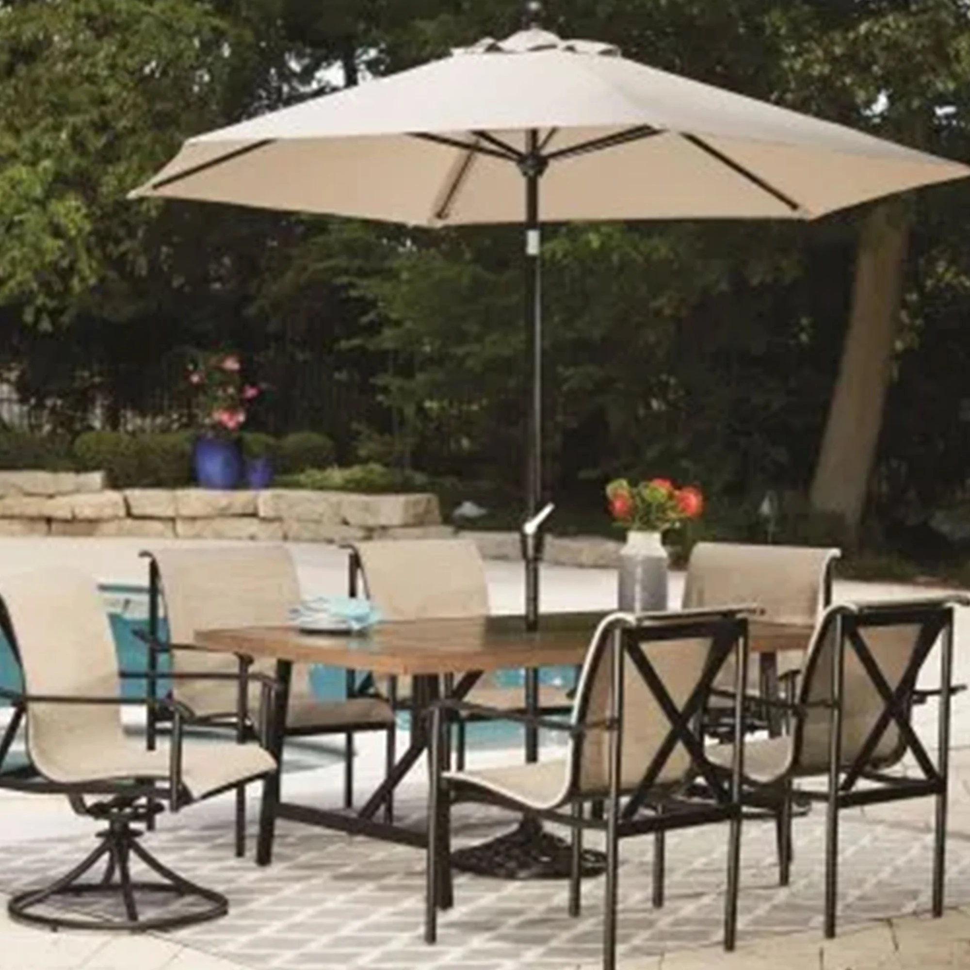 Four Seasons Courtyard 2 Tone Aluminum Eastport Slat Top Patio Dining Table - Image 6