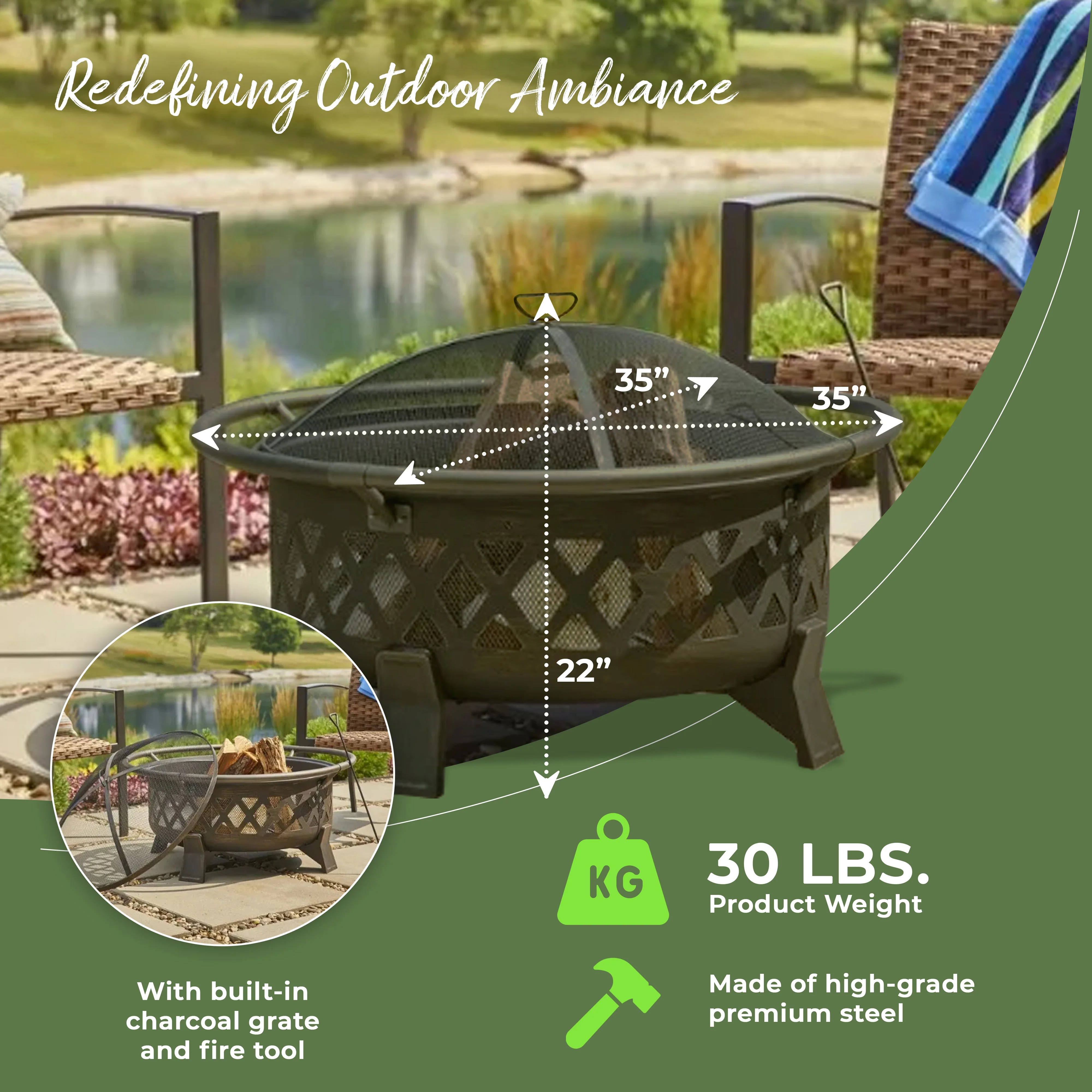 Four Seasons Courtyard 35 Inch Round Lattice Fire Pit w/Steel Legs & Safety Ring - Image 2