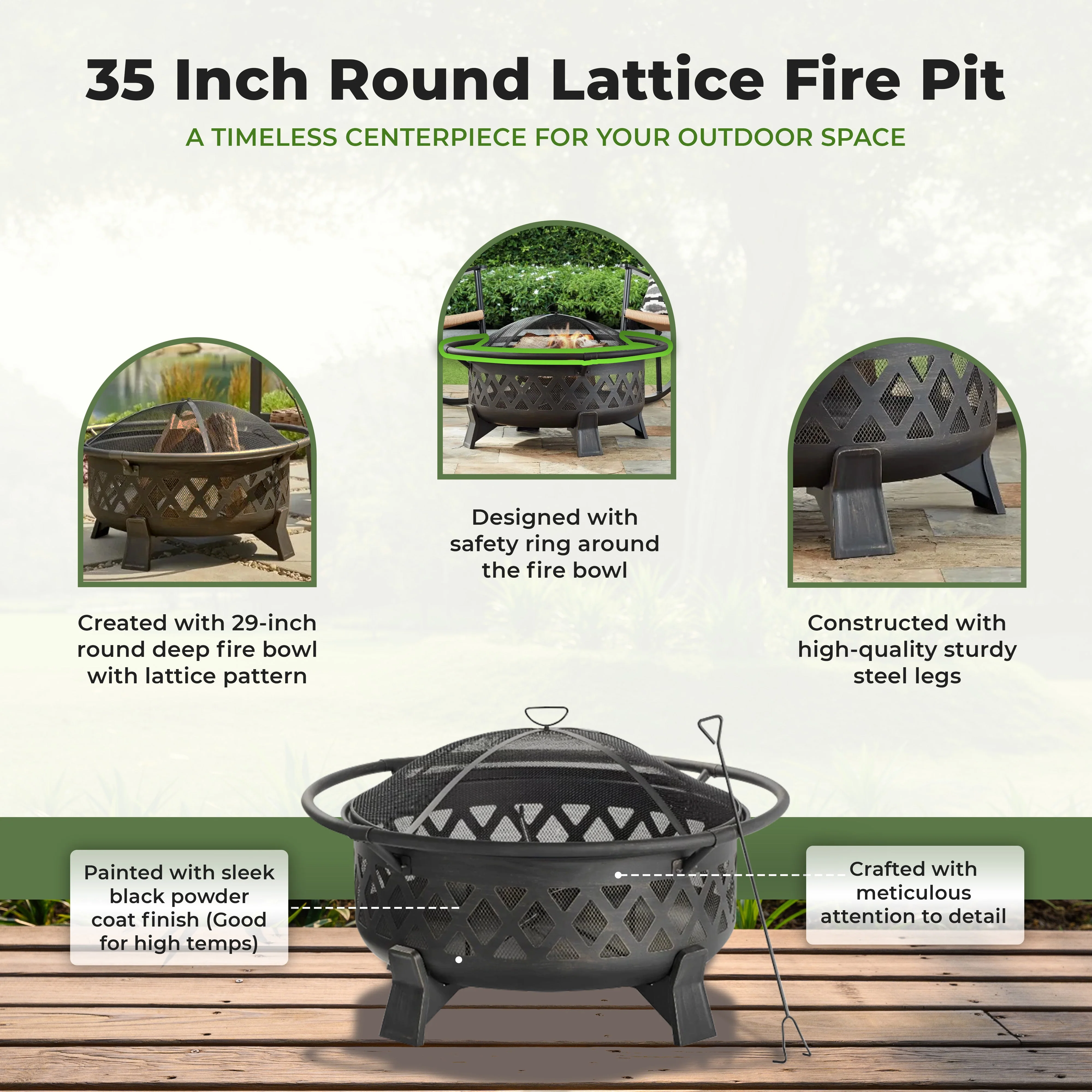 Four Seasons Courtyard 35 Inch Round Lattice Fire Pit w/Steel Legs & Safety Ring - Image 3
