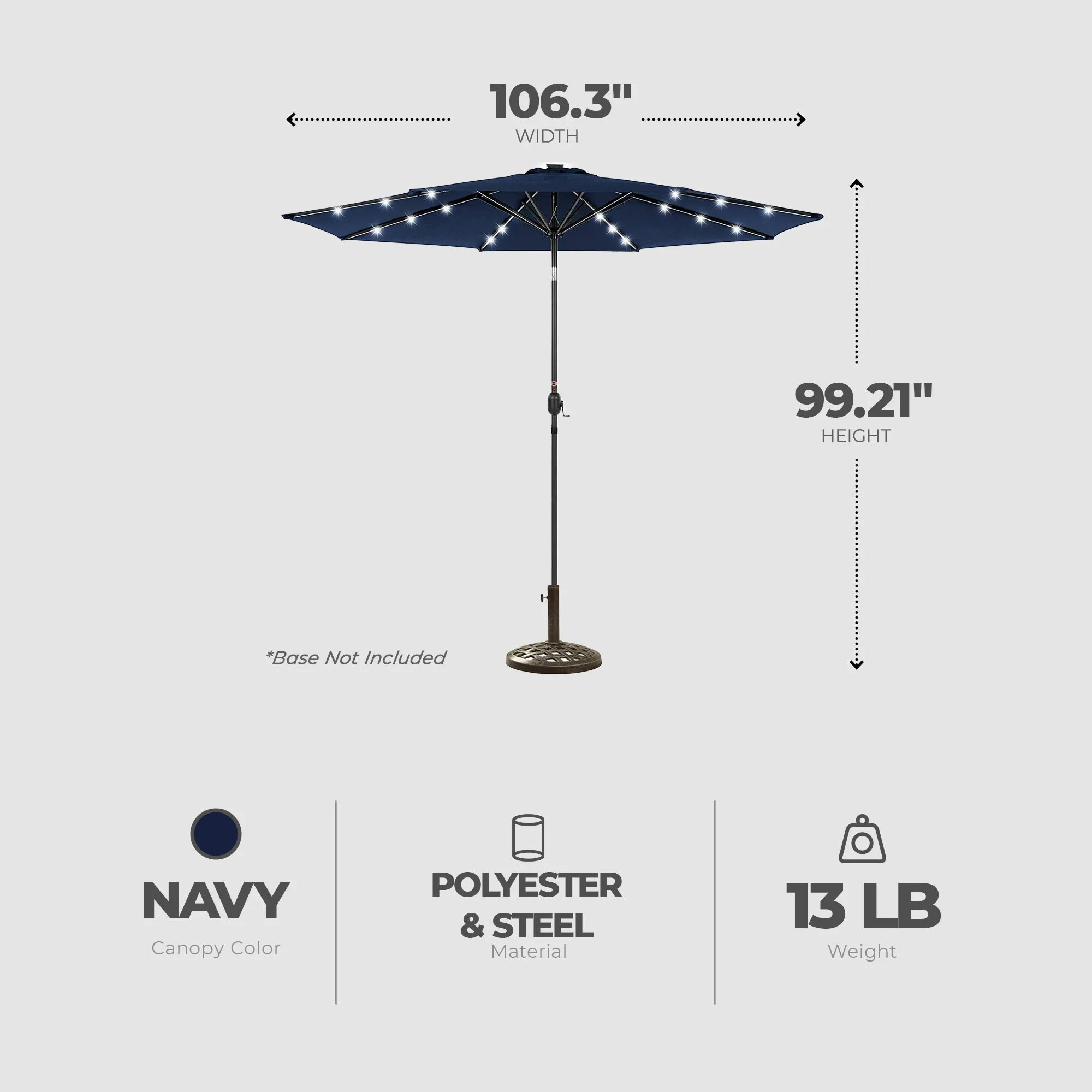 Four Seasons Courtyard 9’ Polyester Patio Market LED Umbrella w/Steel Pole, Navy - Image 7