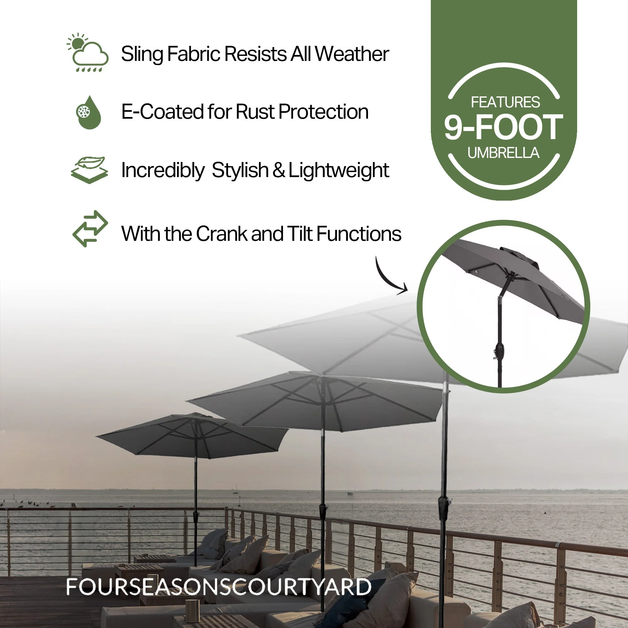 Four Seasons Courtyard 9' Round Sling Fabric Campton Hills Market Umbrella, Gray - Image 2
