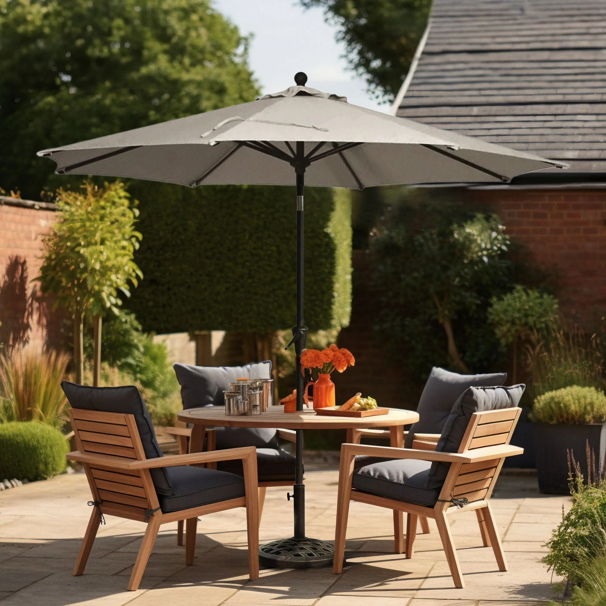 Four Seasons Courtyard 9' Round Sling Fabric Highland Market Umbrella, Gray - Image 4