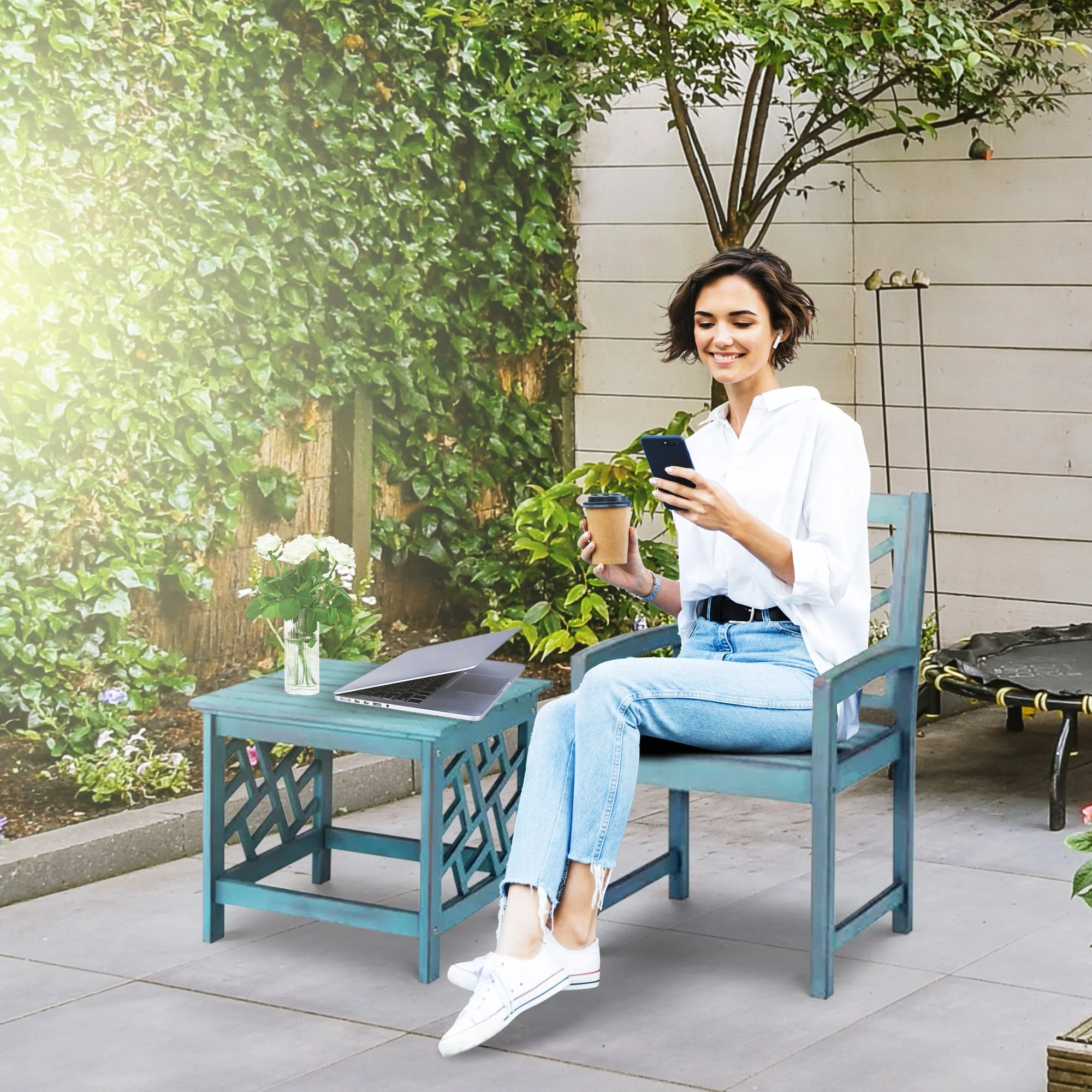Four Seasons Courtyard Distressed 22” Hardwood Portland Patio Arm Chair, Blue - Image 4