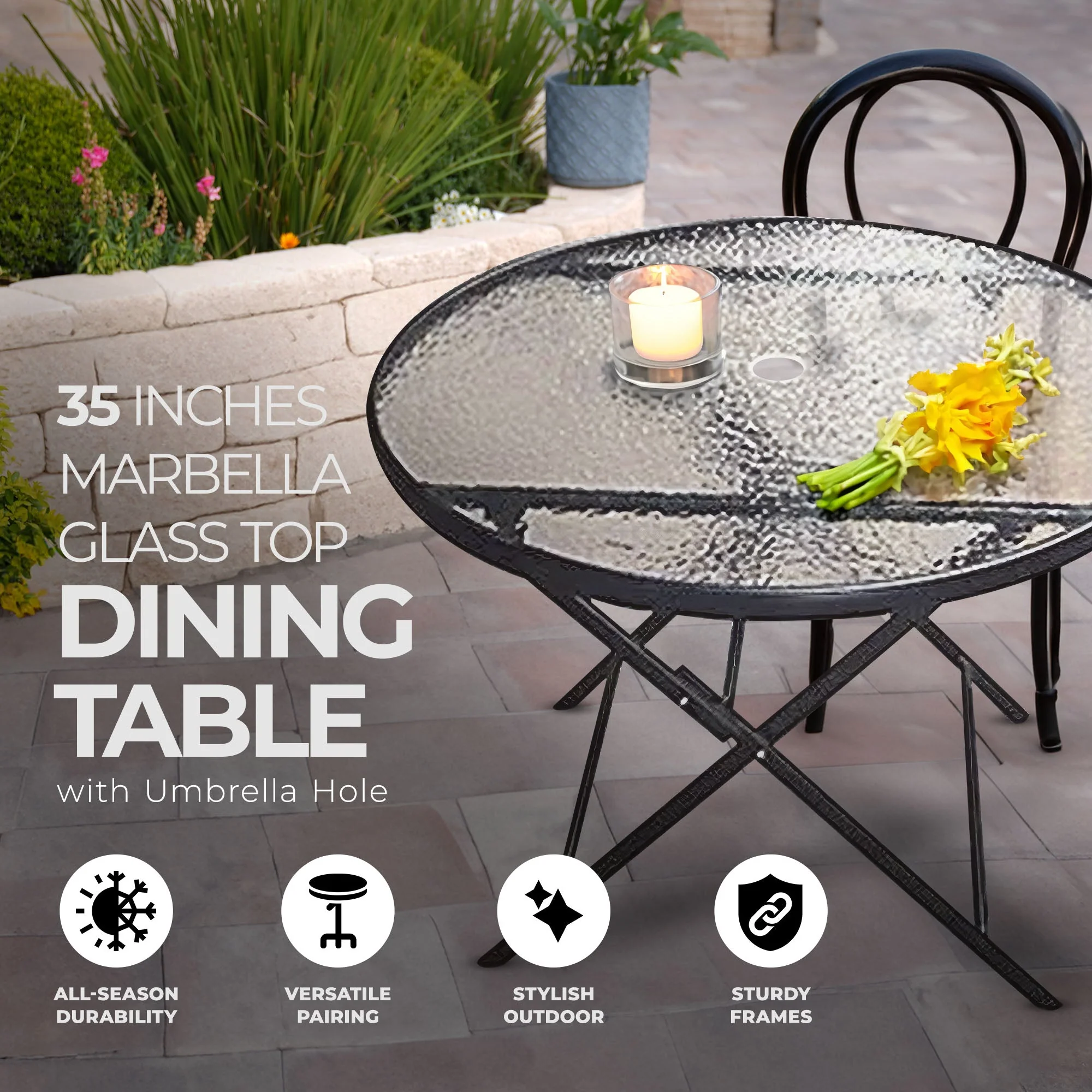 Four Seasons Courtyard Marbella Glass Top Dining Table with Umbrella Hole, Black - Image 2