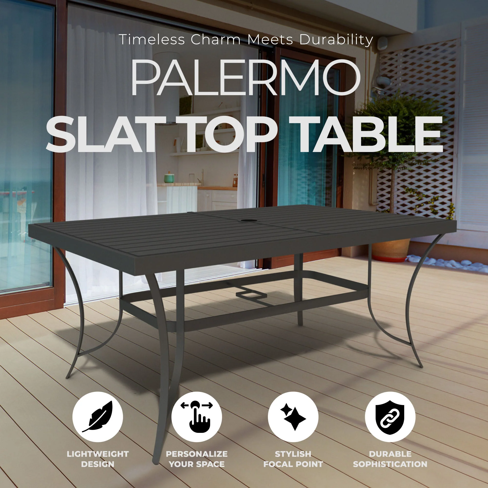 Four Seasons Courtyard Palermo Slat Top Table with Frame and Umbrella Hole, Gray - Image 2