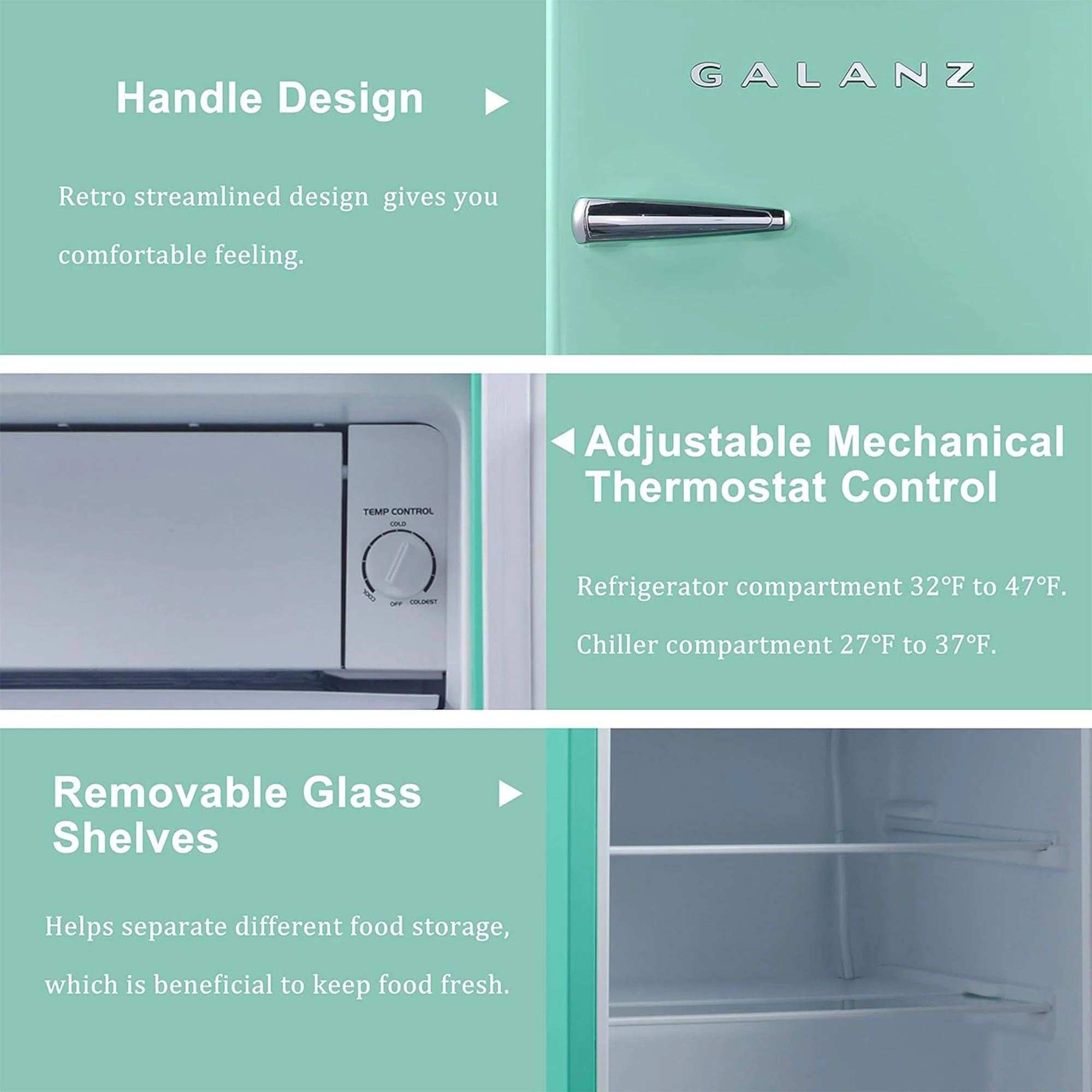 Galanz Retro Energy Efficient Compact Refrigerator w/Freezer, 2.5 Cu Ft, Green - Image 4