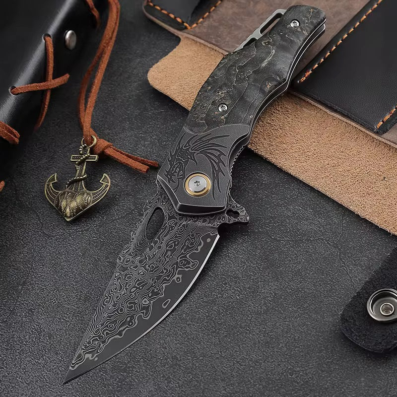 Galaxy Japanese Damascus Folding Pocket Knife with Maple Burl Wood Handle - Image 4
