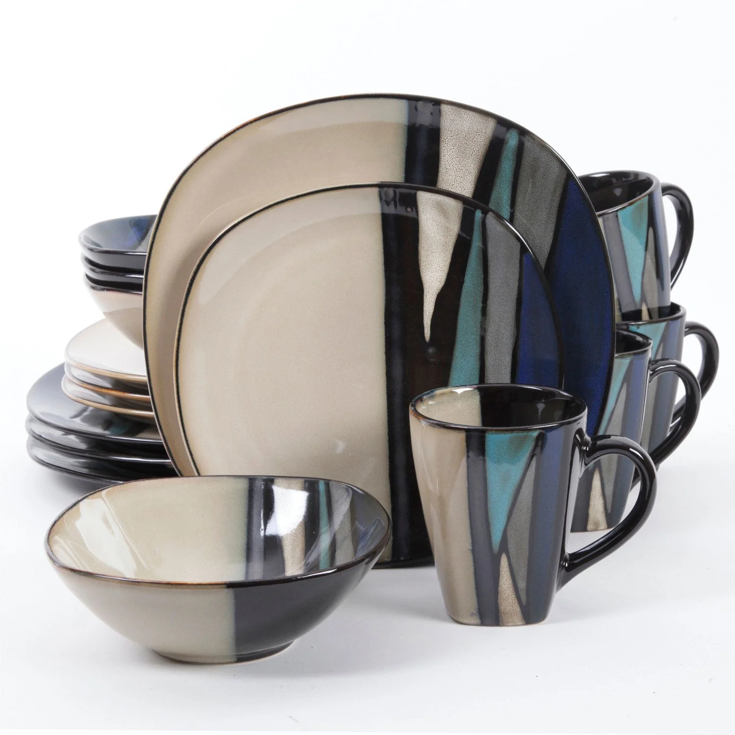 Gibson Elite 16 Piece Glazed Dinnerware Plates, Bowls, and Mugs, Teal (2 Pack) - Image 2