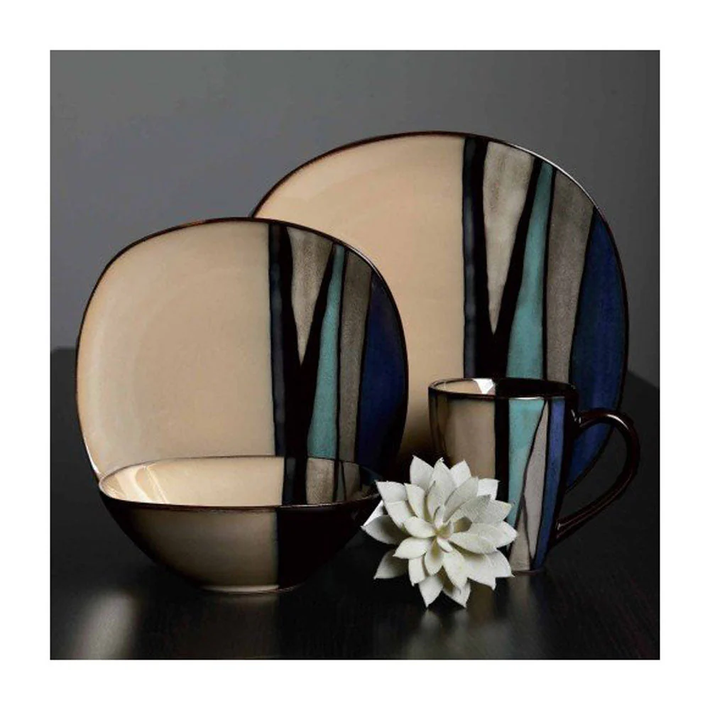Gibson Elite 16 Piece Glazed Dinnerware Plates, Bowls, and Mugs, Teal (2 Pack) - Image 4