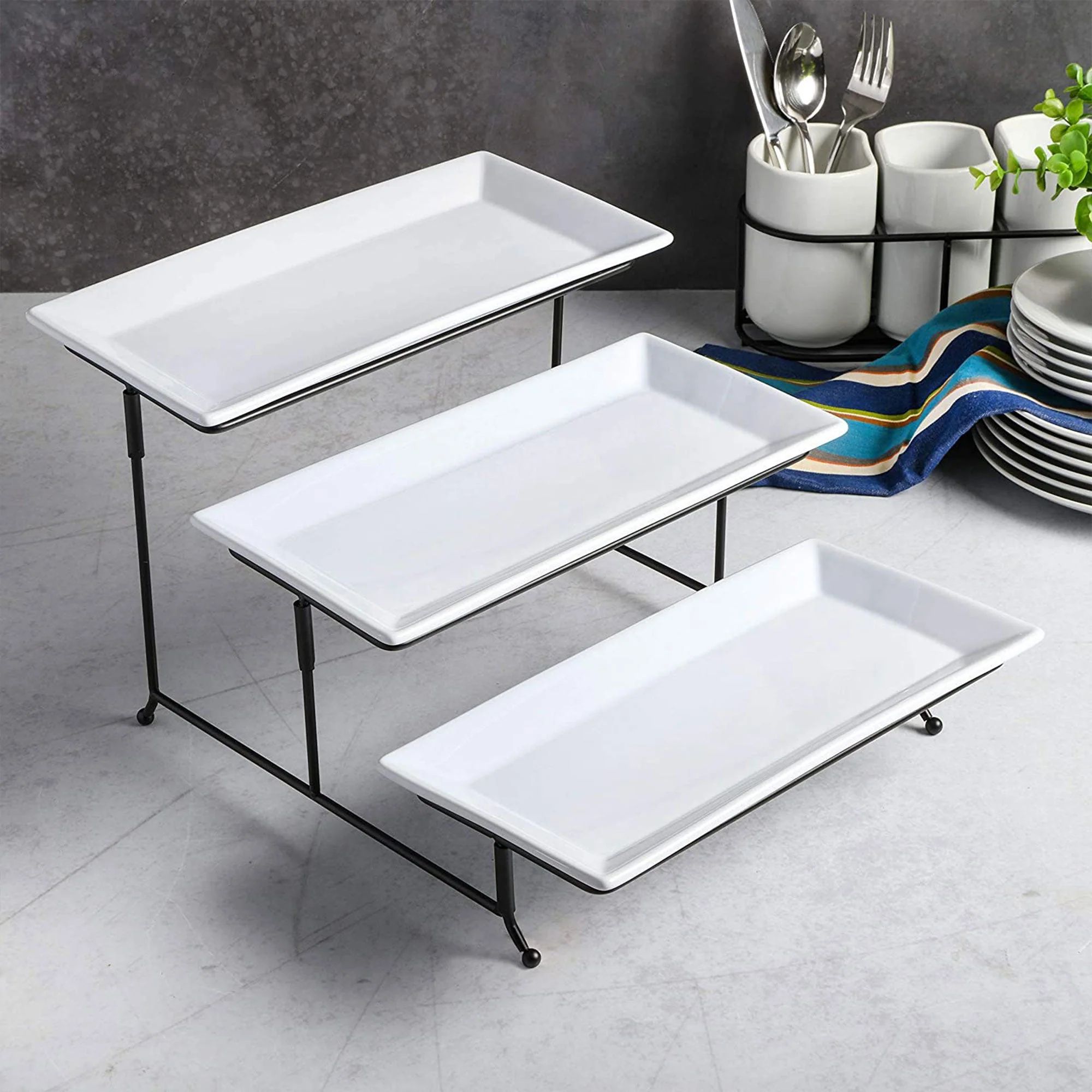 Gibson Elite Gracious Dining 3 Tier Rectangular Serving Platter Stand Set, Black - Image 3
