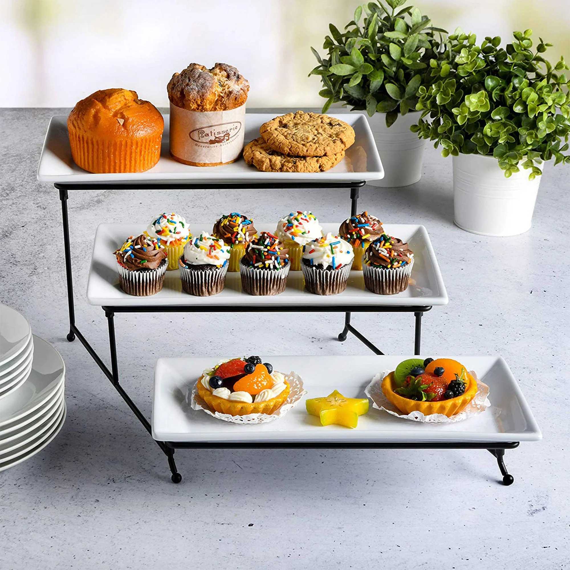 Gibson Elite Gracious Dining 3 Tier Rectangular Serving Platter Stand Set, Black - Image 4
