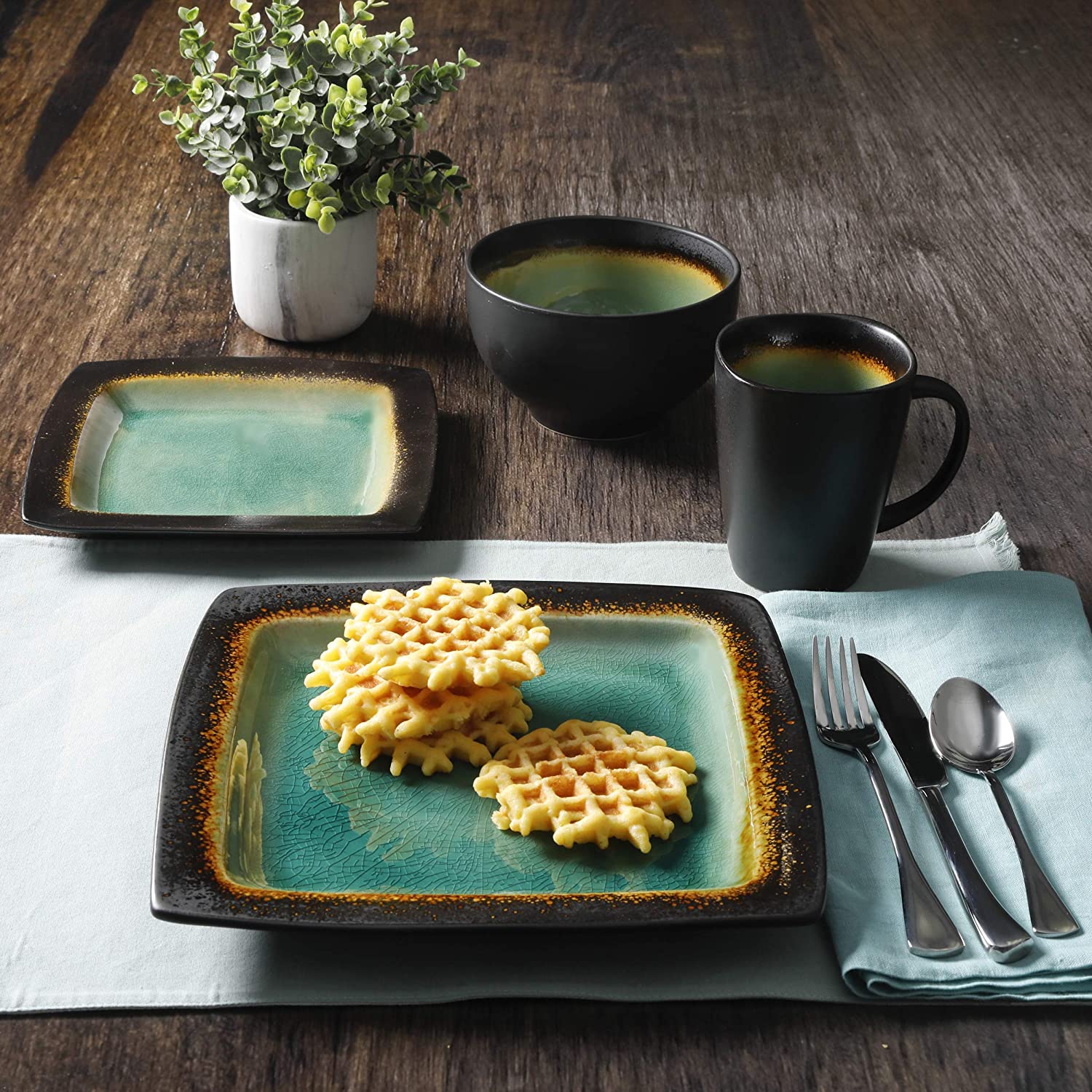 Gibson Elite Ocean Paradise 16Pc Square Glazed Kitchen Dish Set, Jade (2 Pack) - Image 7