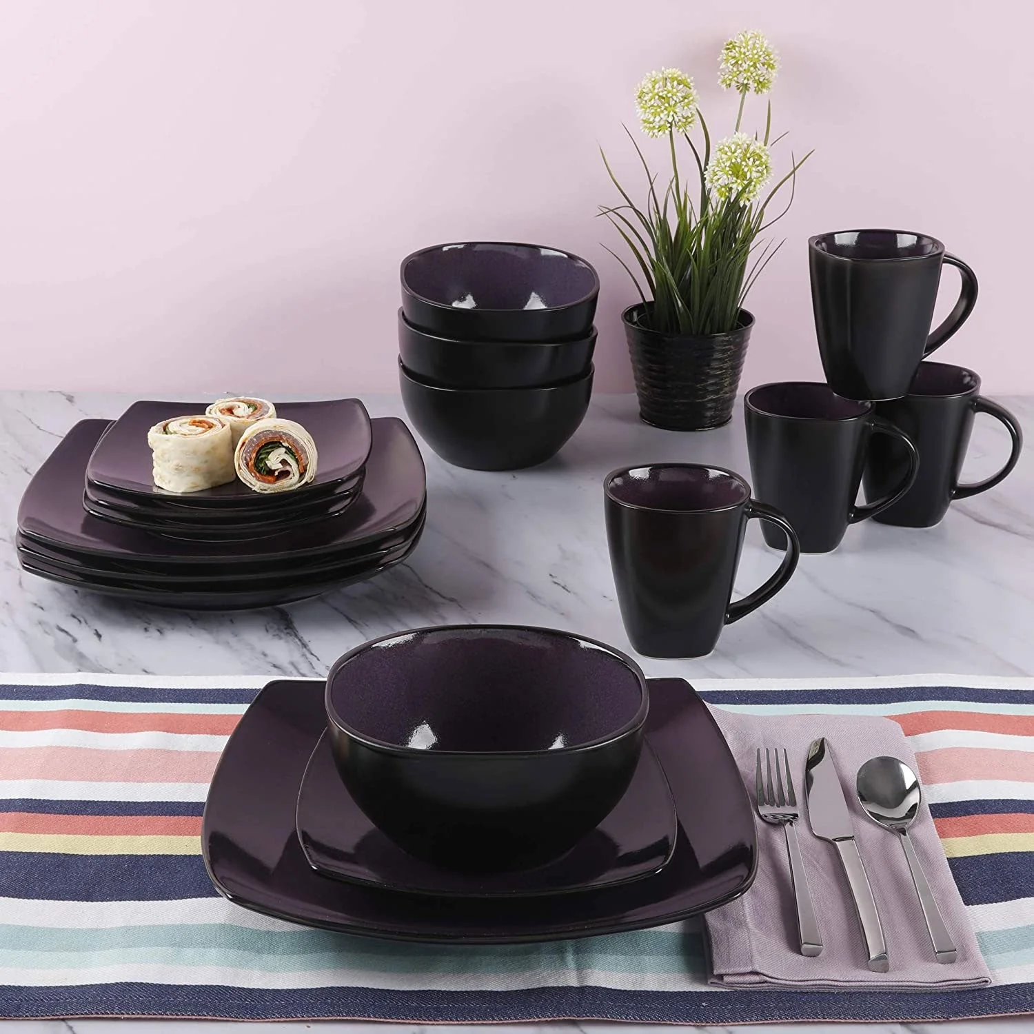 Gibson Elite Soho Lounge 16 Piece Plates, Bowls, & Mugs Dinnerware Set, Purple - Image 5