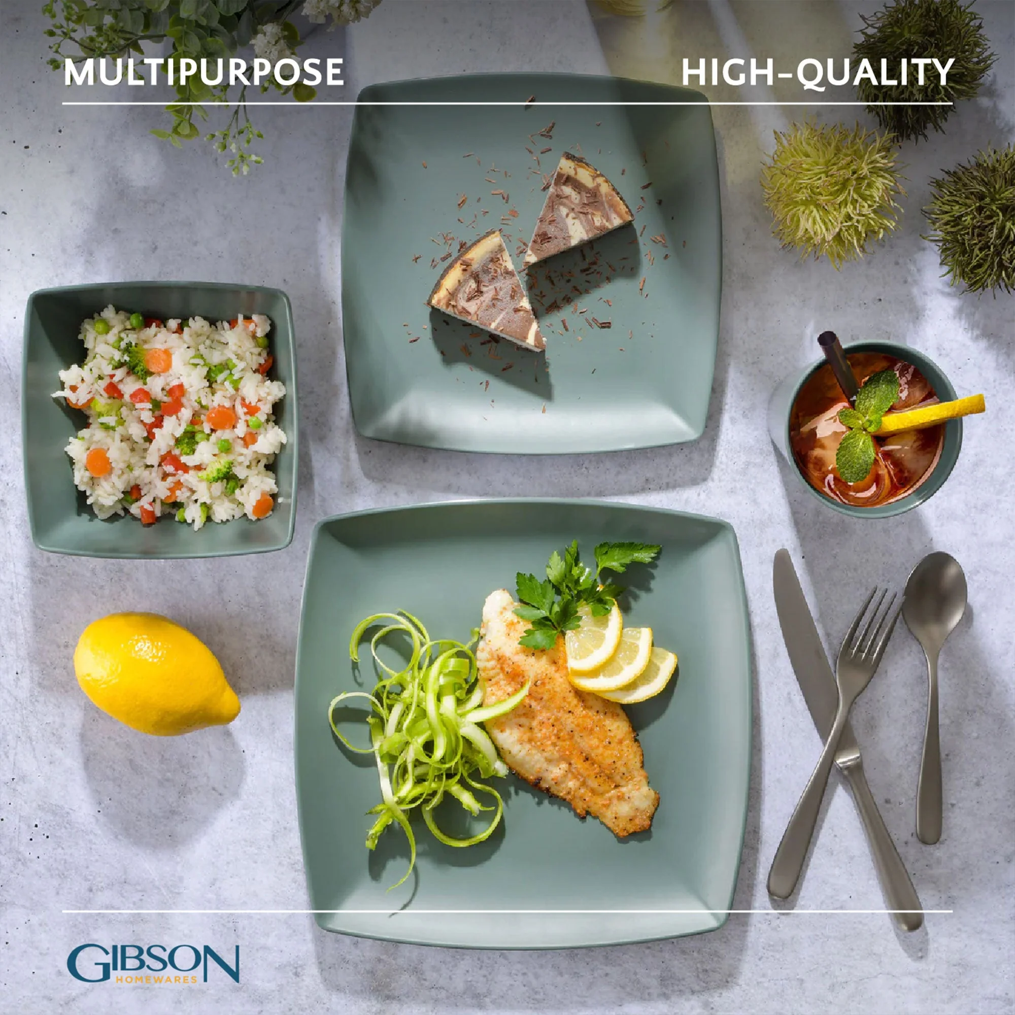 Gibson Home 16 Piece Square Melamine Dinnerware Set Plates, Bowls, & Cups, Grey - Image 5
