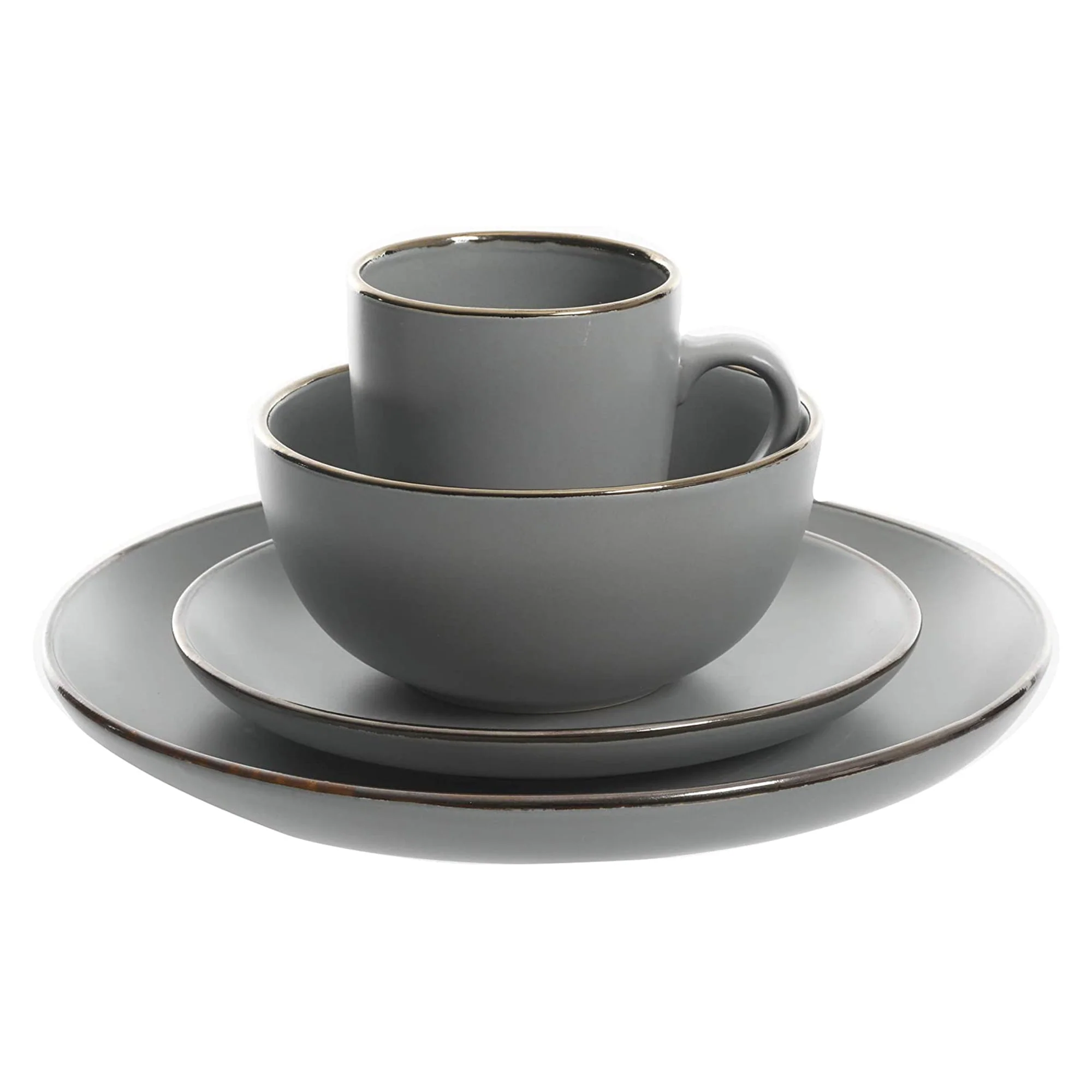 Gibson Home Rockaway Round Stoneware Dinnerware, Service for 4, Grey w/ Gold Rim - Image 2