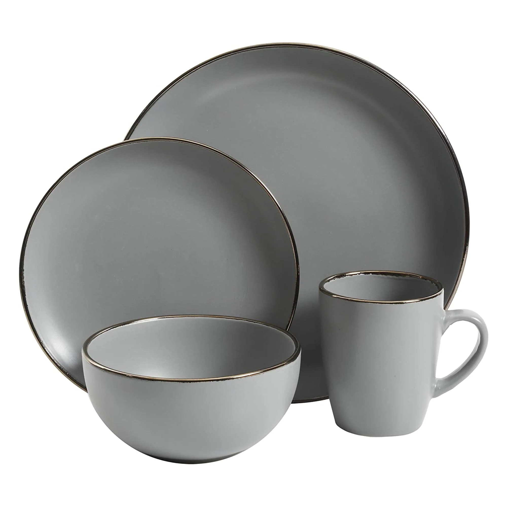 Gibson Home Rockaway Round Stoneware Dinnerware, Service for 4, Grey w/ Gold Rim - Image 3
