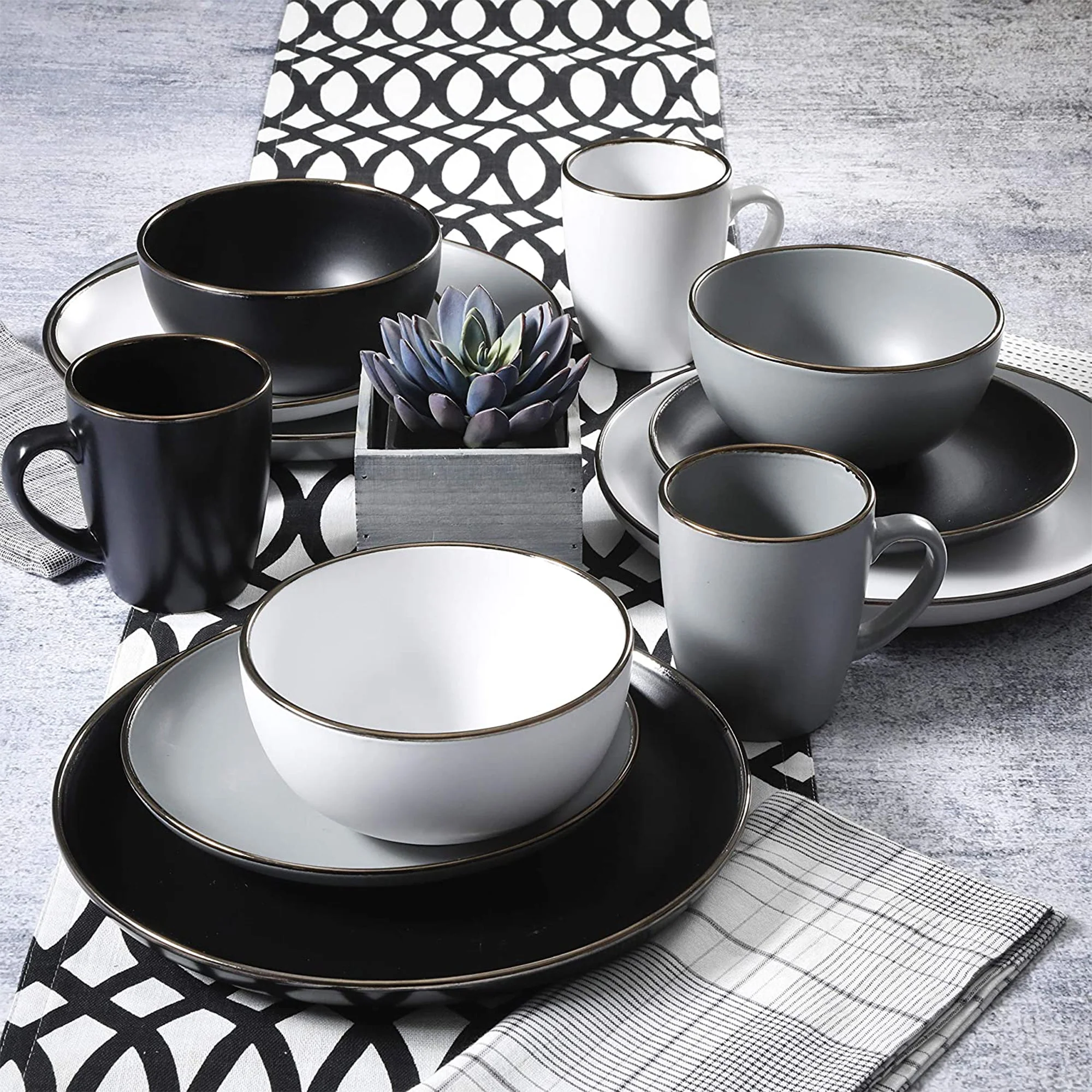 Gibson Home Rockaway Round Stoneware Dinnerware, Set of 16, Black with Gold Rim - Image 5