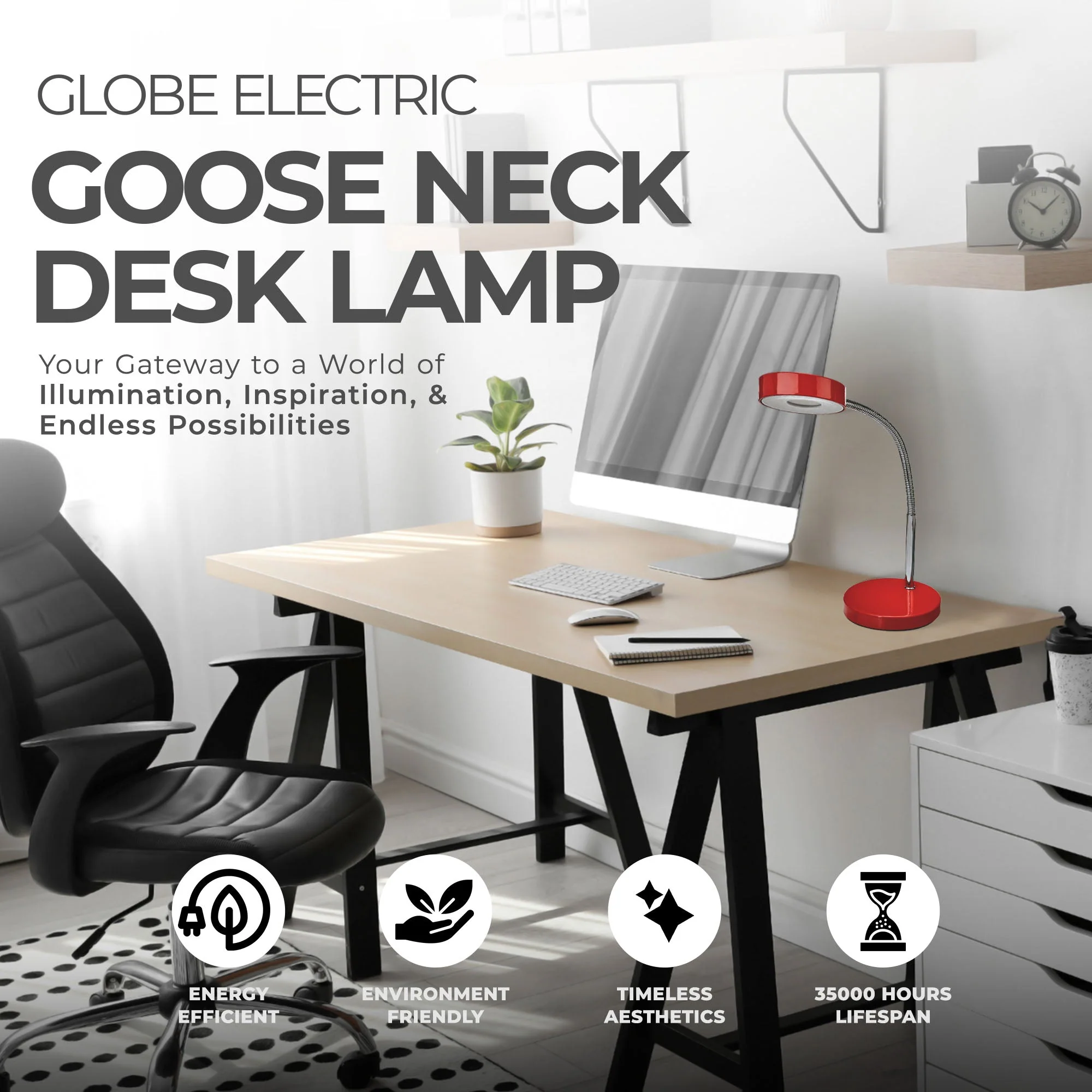 Globe Electric 15.75 x 5 x 52.4 Inches LED Integrated Goose Neck Desk Lamp, Red - Image 3